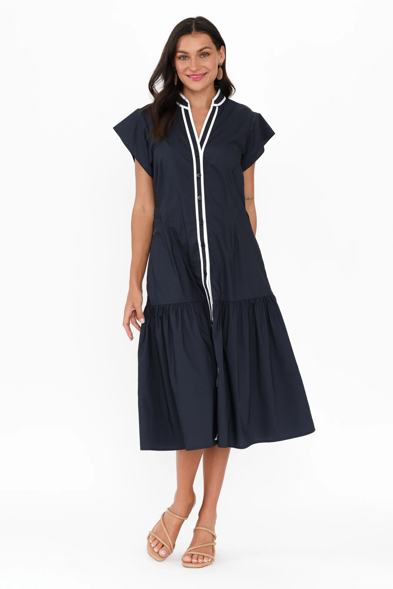 Mari Navy Contrast Cotton Tie Dress