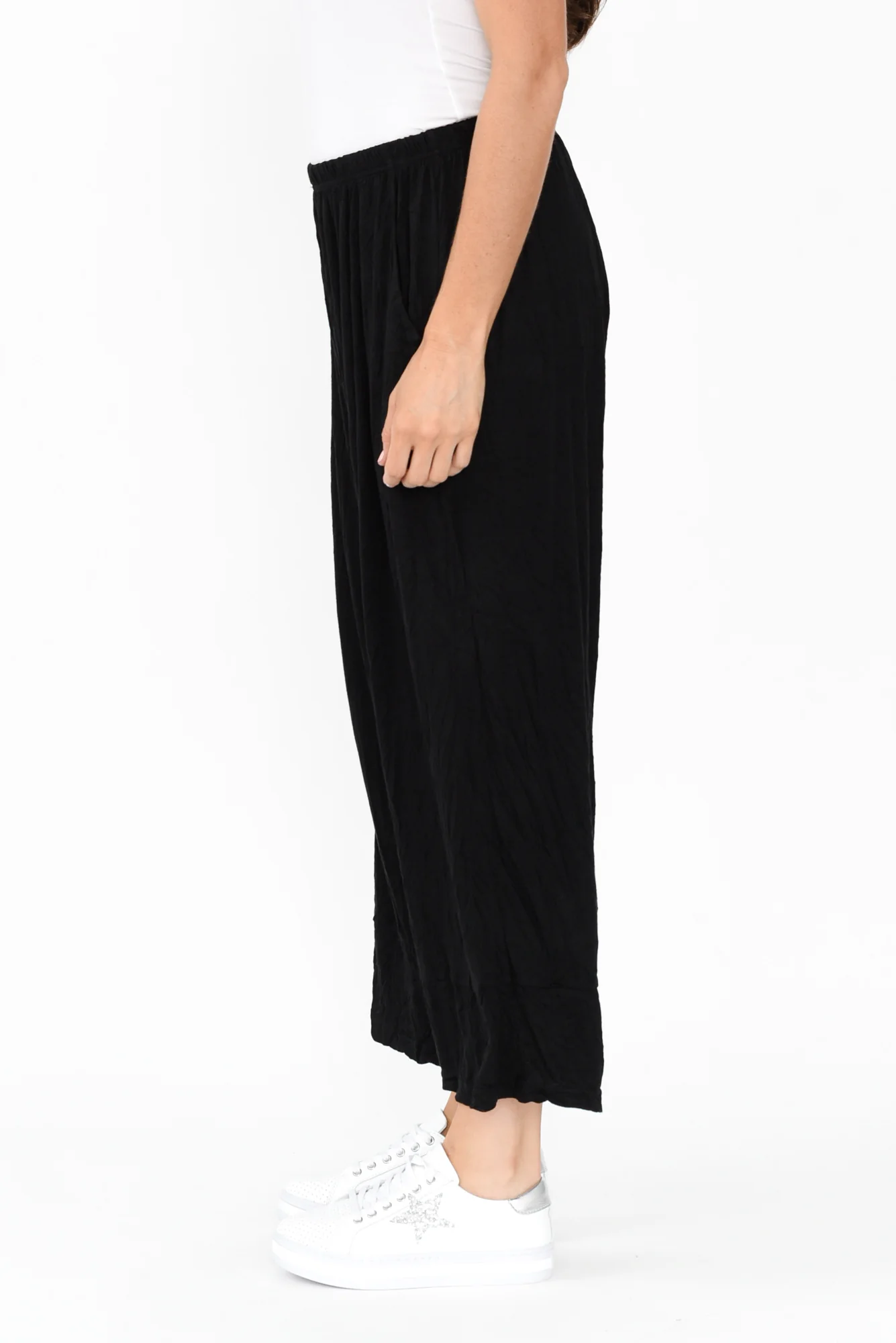 Lira Black Crinkle Cotton Wide Leg Pants