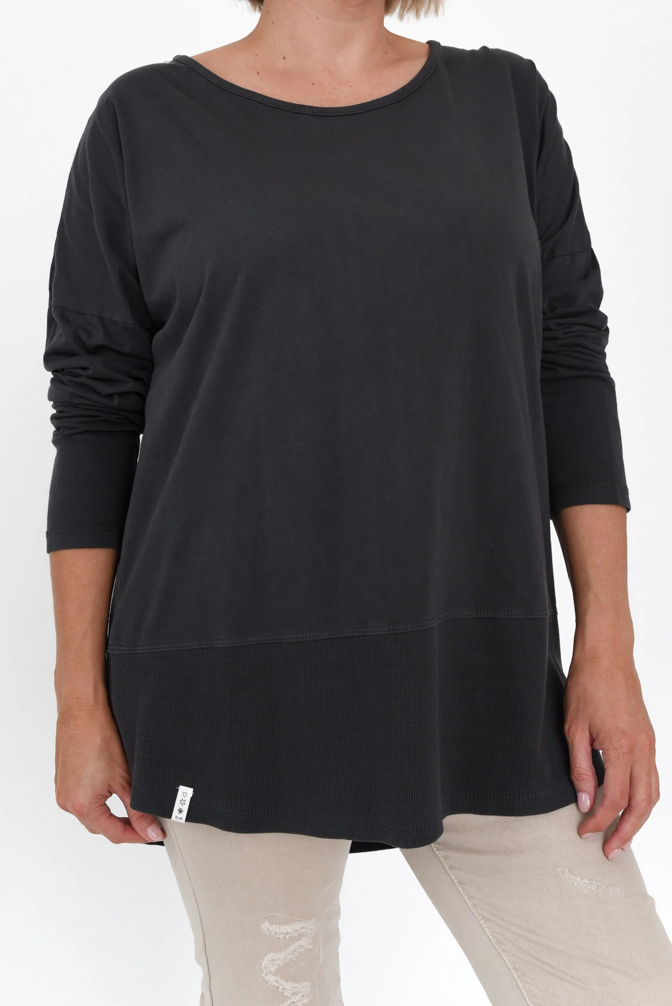 Fundamental Washed Black Cotton Rib Sleeved Top