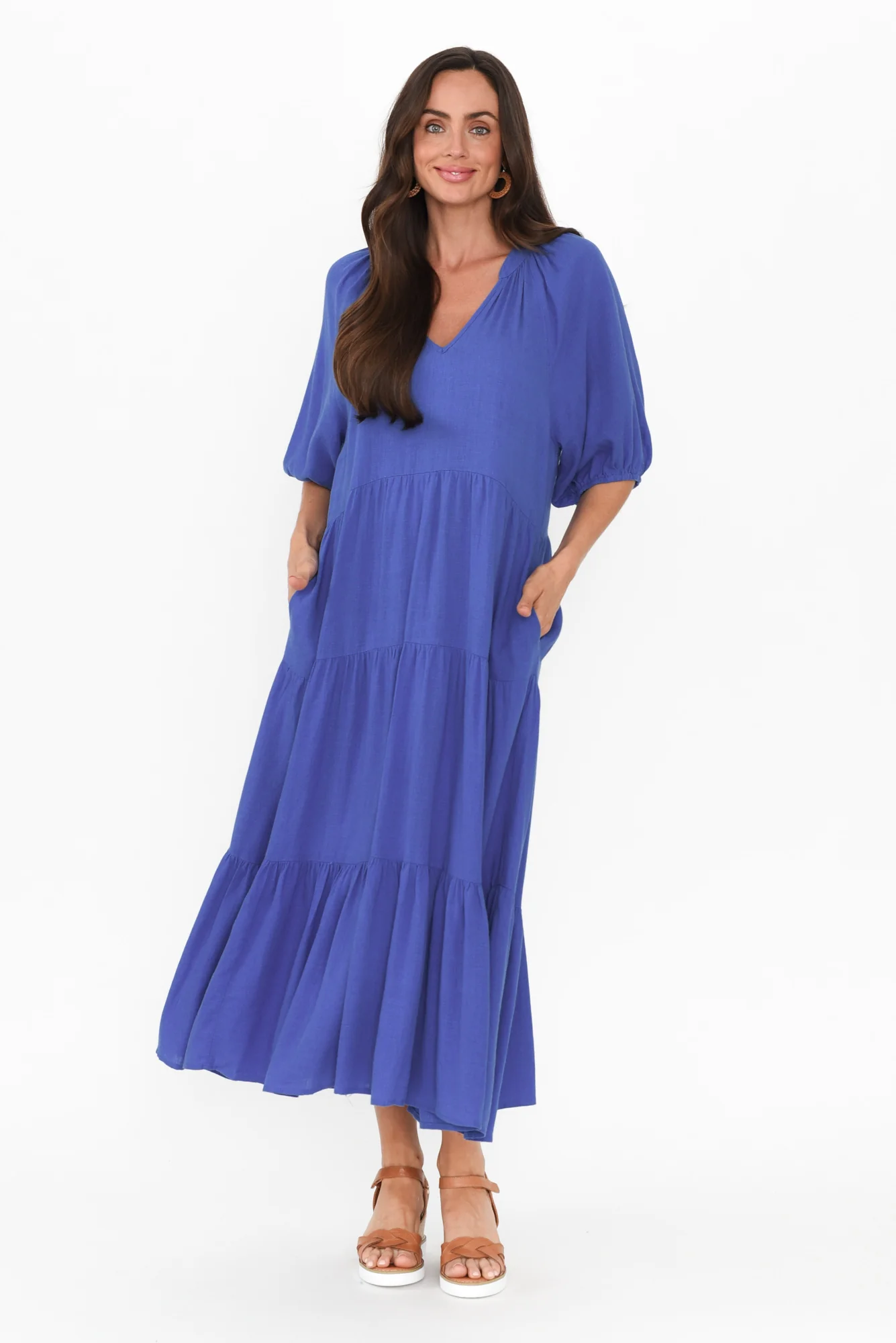 Imogene Cobalt Cotton Linen Tiered Dress