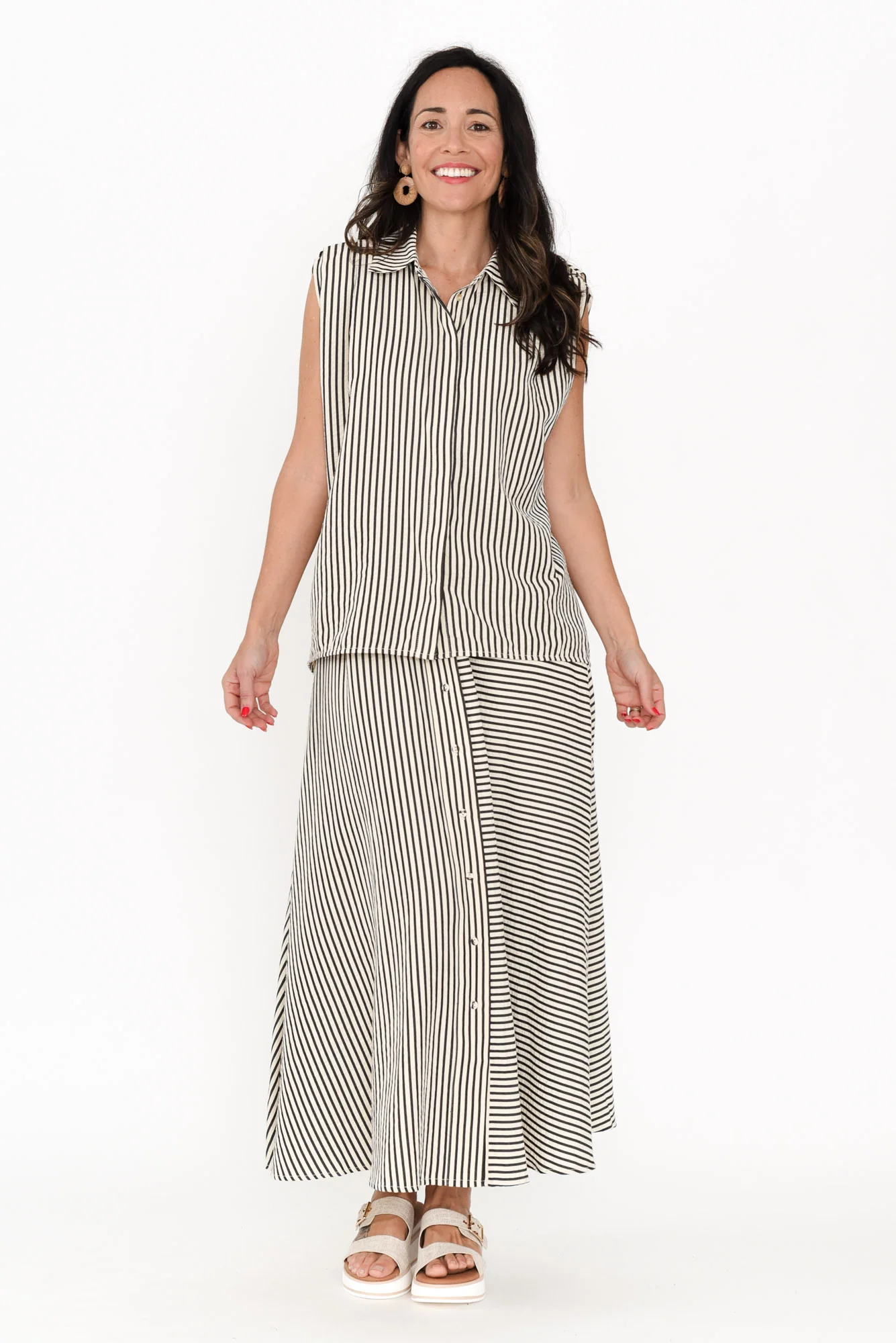 Lucy Black Stripe Button Skirt