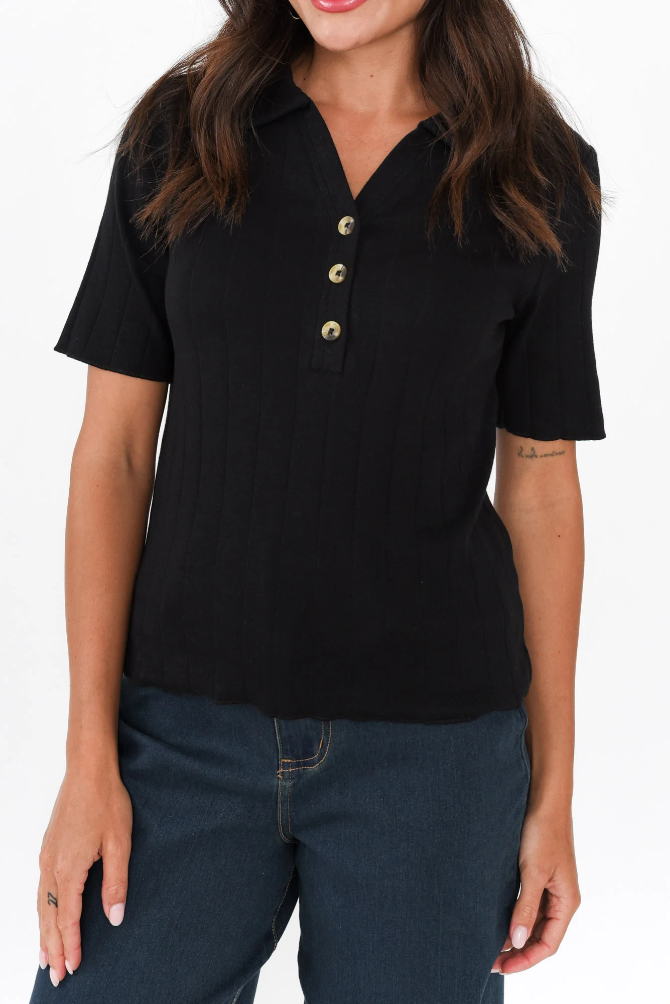Novi Black Cotton Blend Ribbed Top
