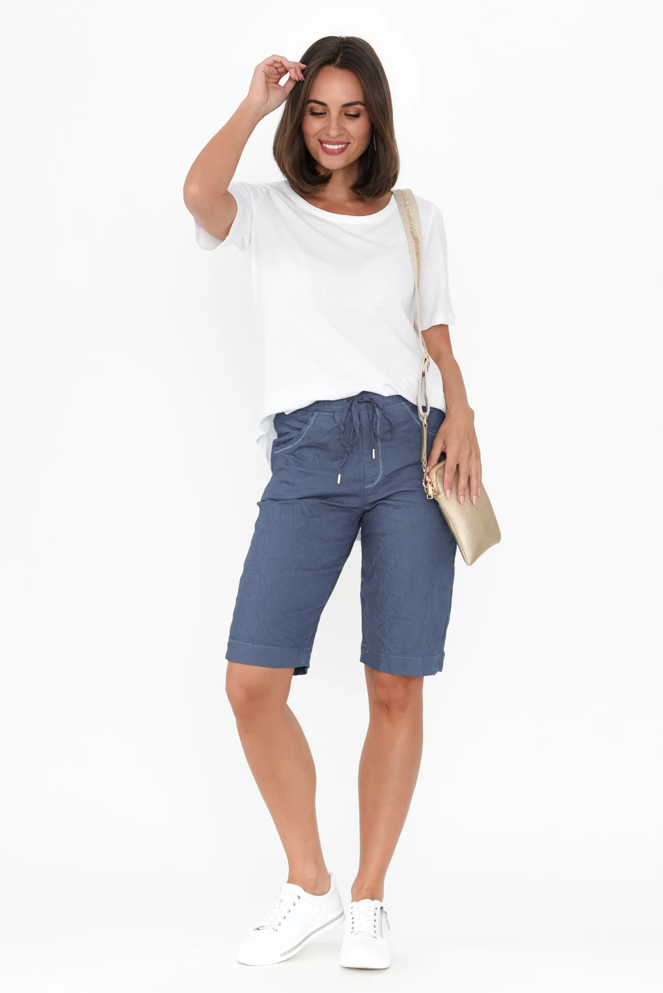 Asha Blue Cotton Blend Drawstring Shorts