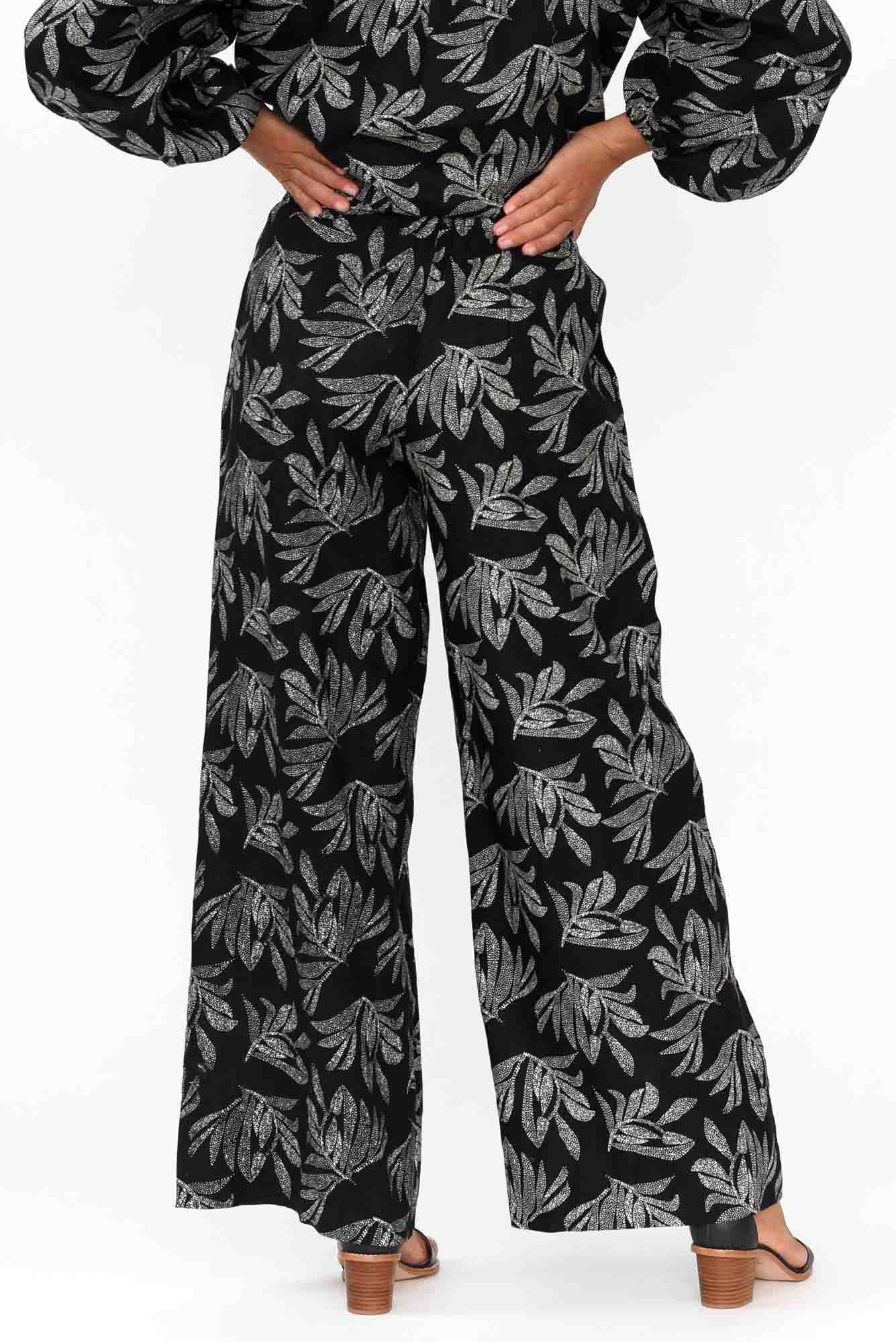 Eleri Black Palm Linen Wide Leg Pants