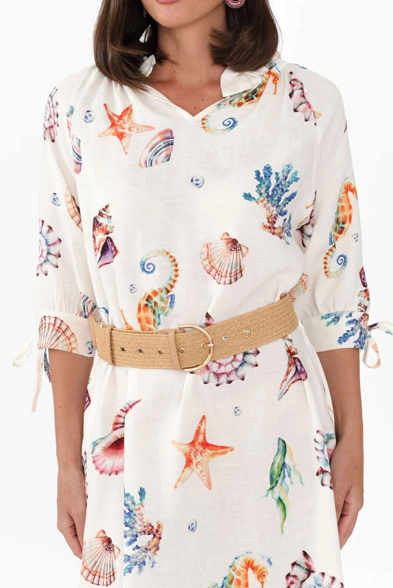 Mariel White Seashell Linen Blend Dress