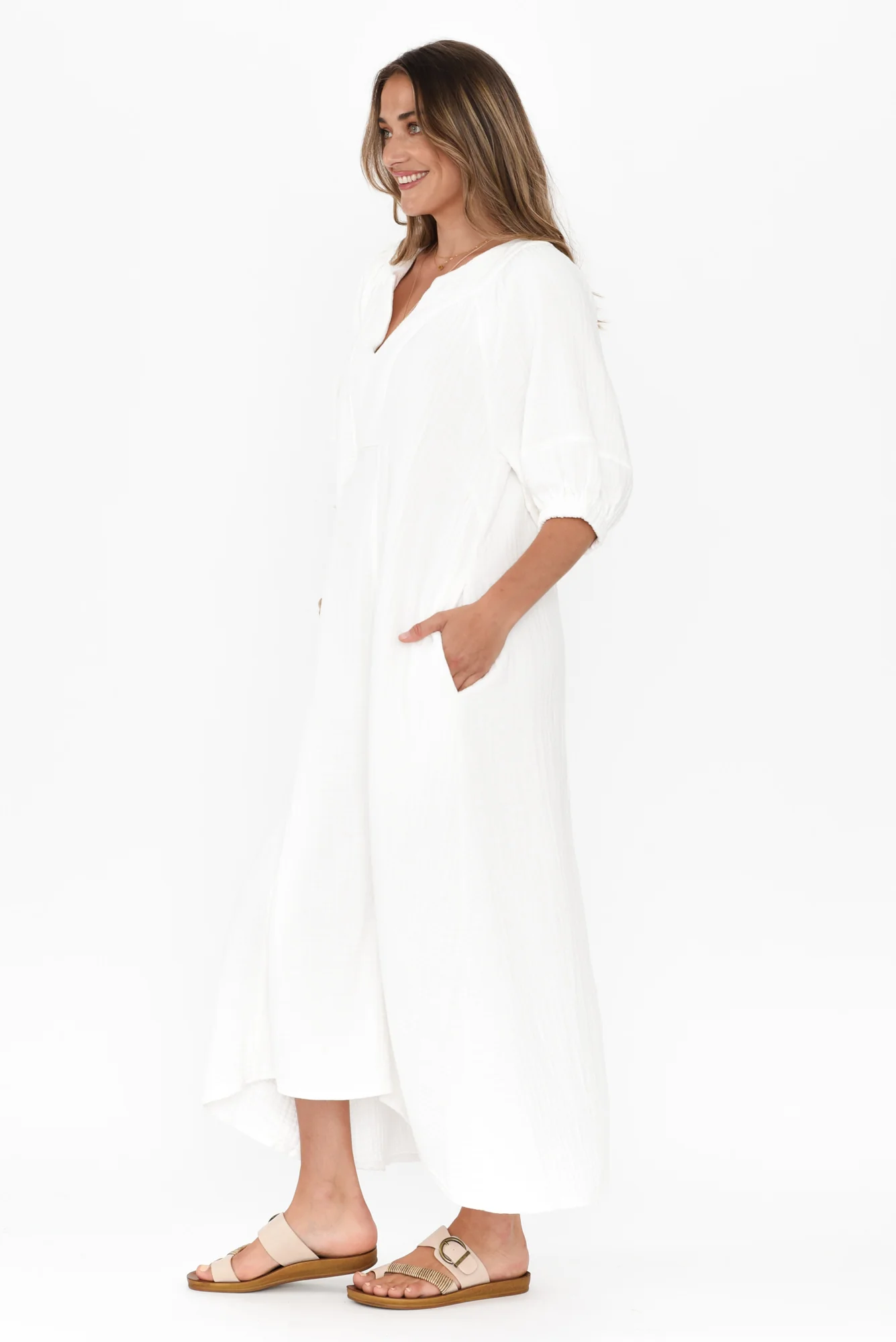 Neila White Cotton Cheesecloth Midi Dress