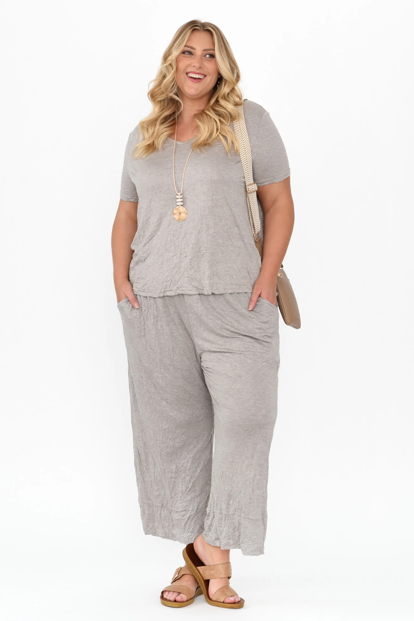 Lira Oat Crinkle Cotton Wide Leg Pants