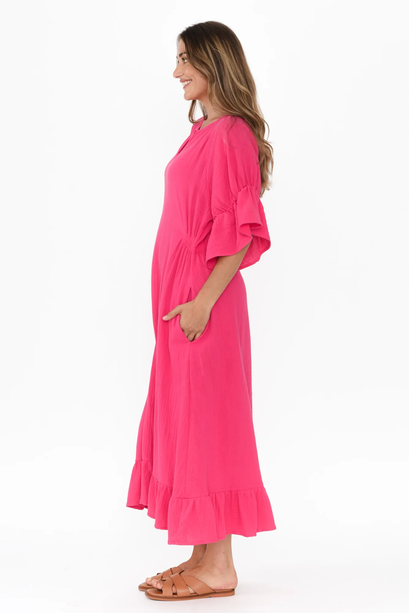 Lesi Fuchsia Cotton Cheesecloth Frill Dress
