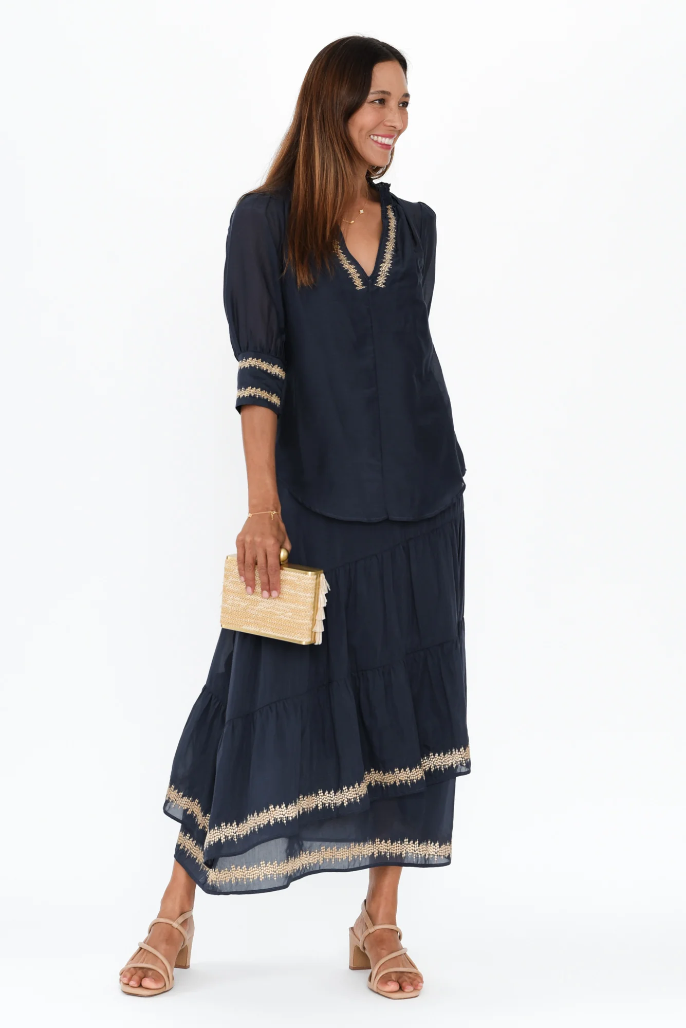 Mustique Ink Cotton Silk Embroidered Top