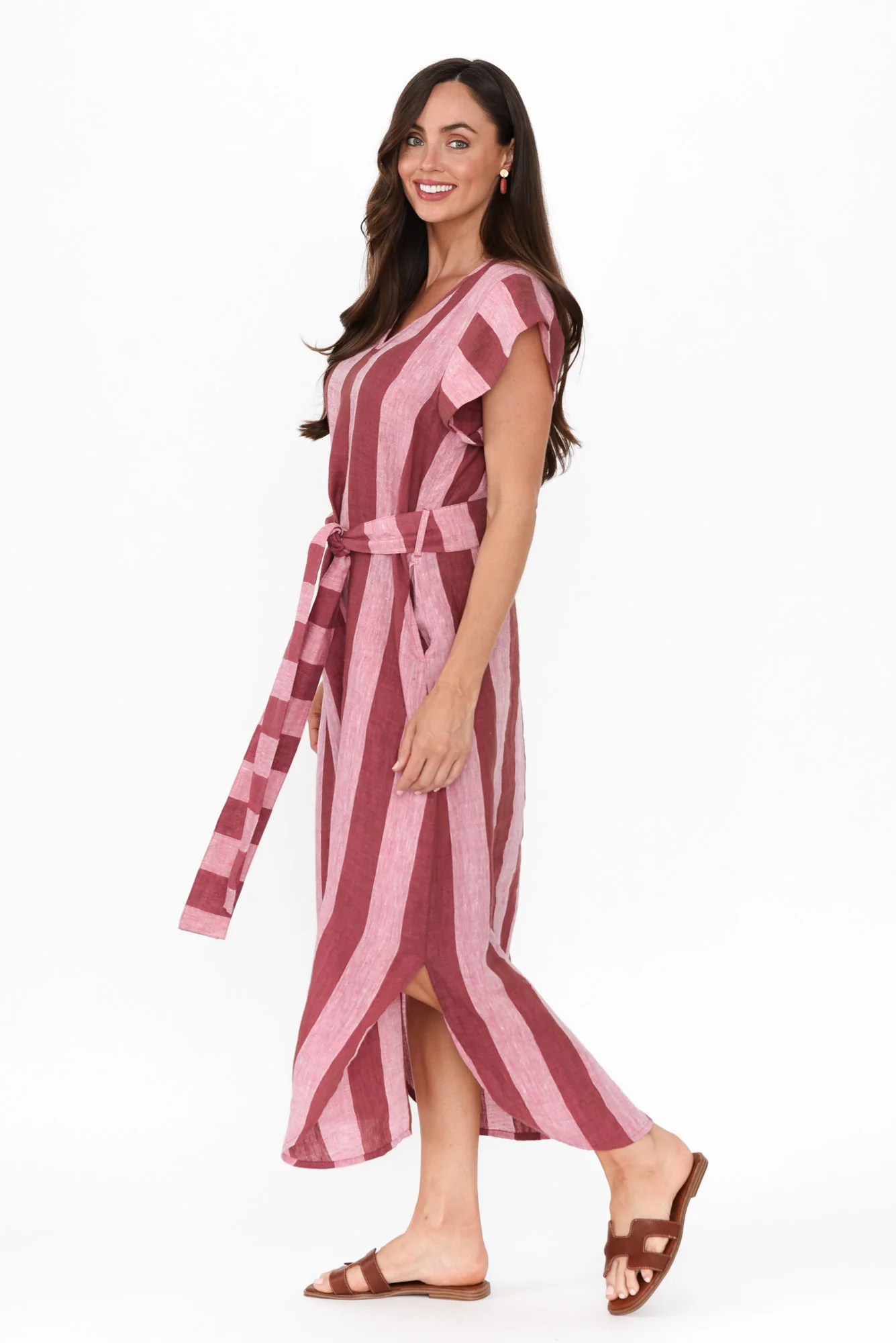 Sebou Burgundy Stripe Linen Tie Dress
