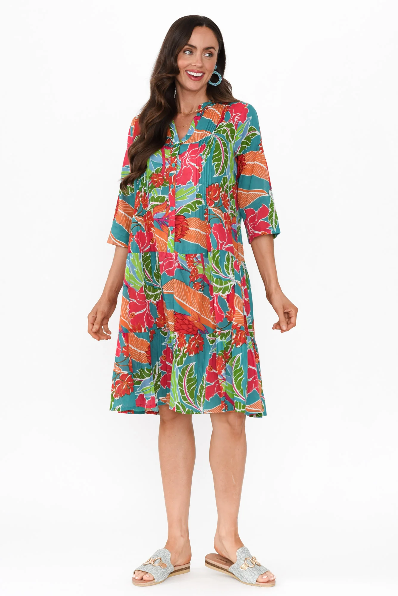 Larissa Emerald Tropical Cotton Pleated Dress