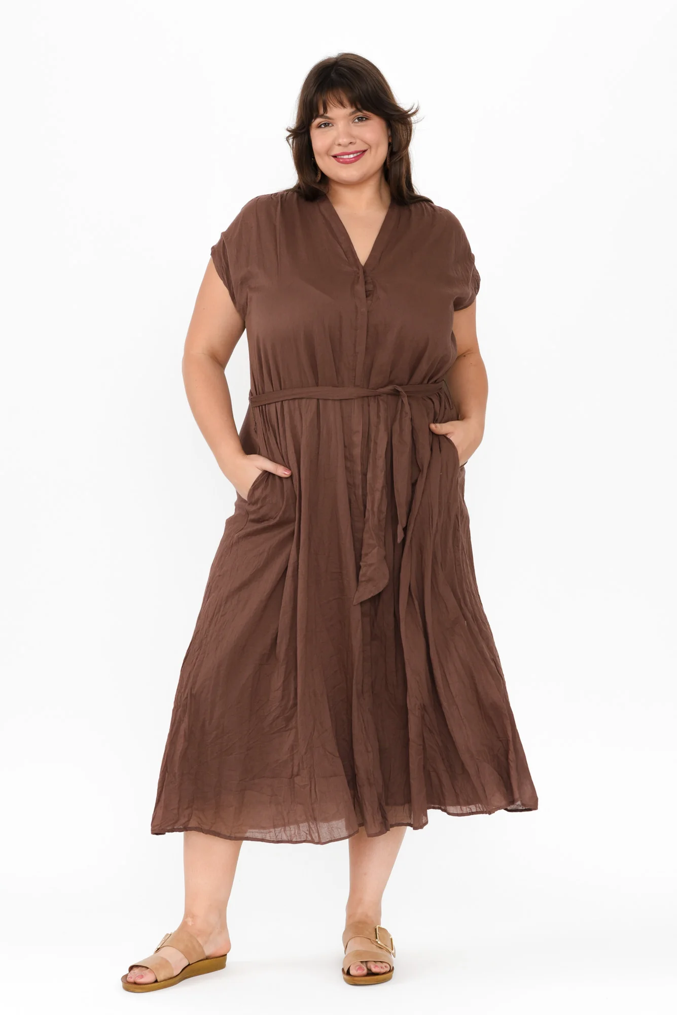 Octavia Chocolate Crinkle Cotton Button Dress