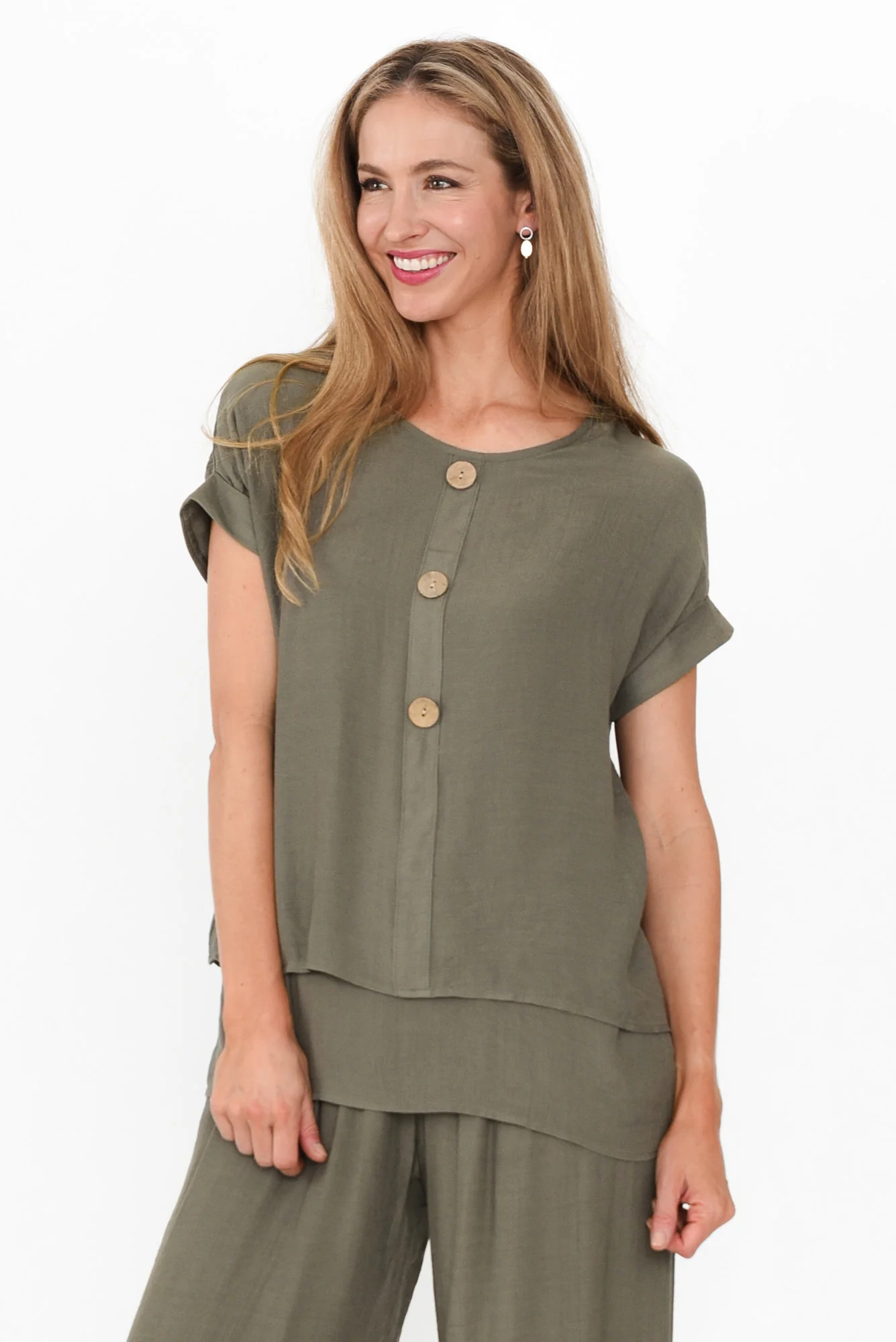 Abilene Khaki Button Top