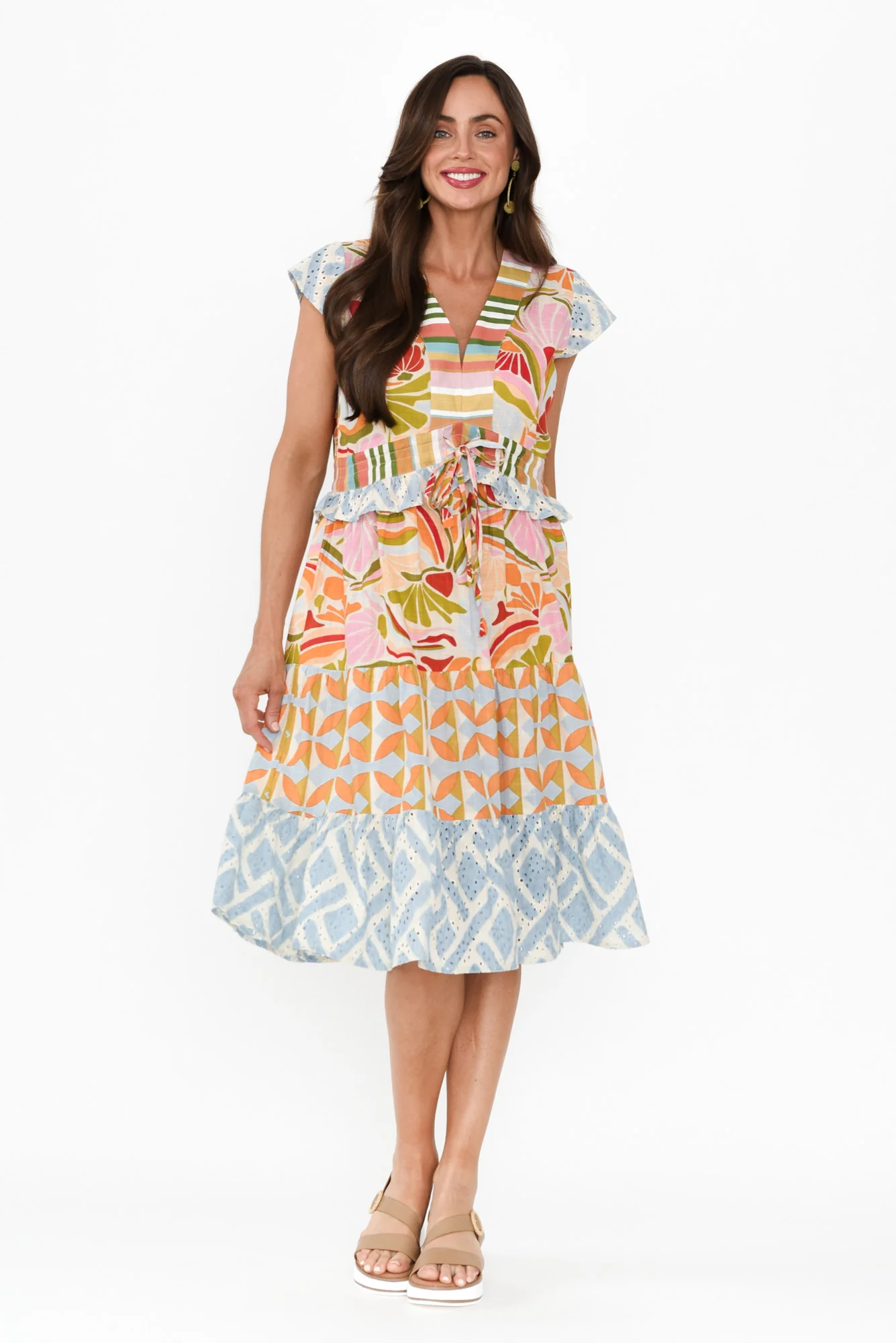 Duke Orange Geo Cotton Tiered Dress