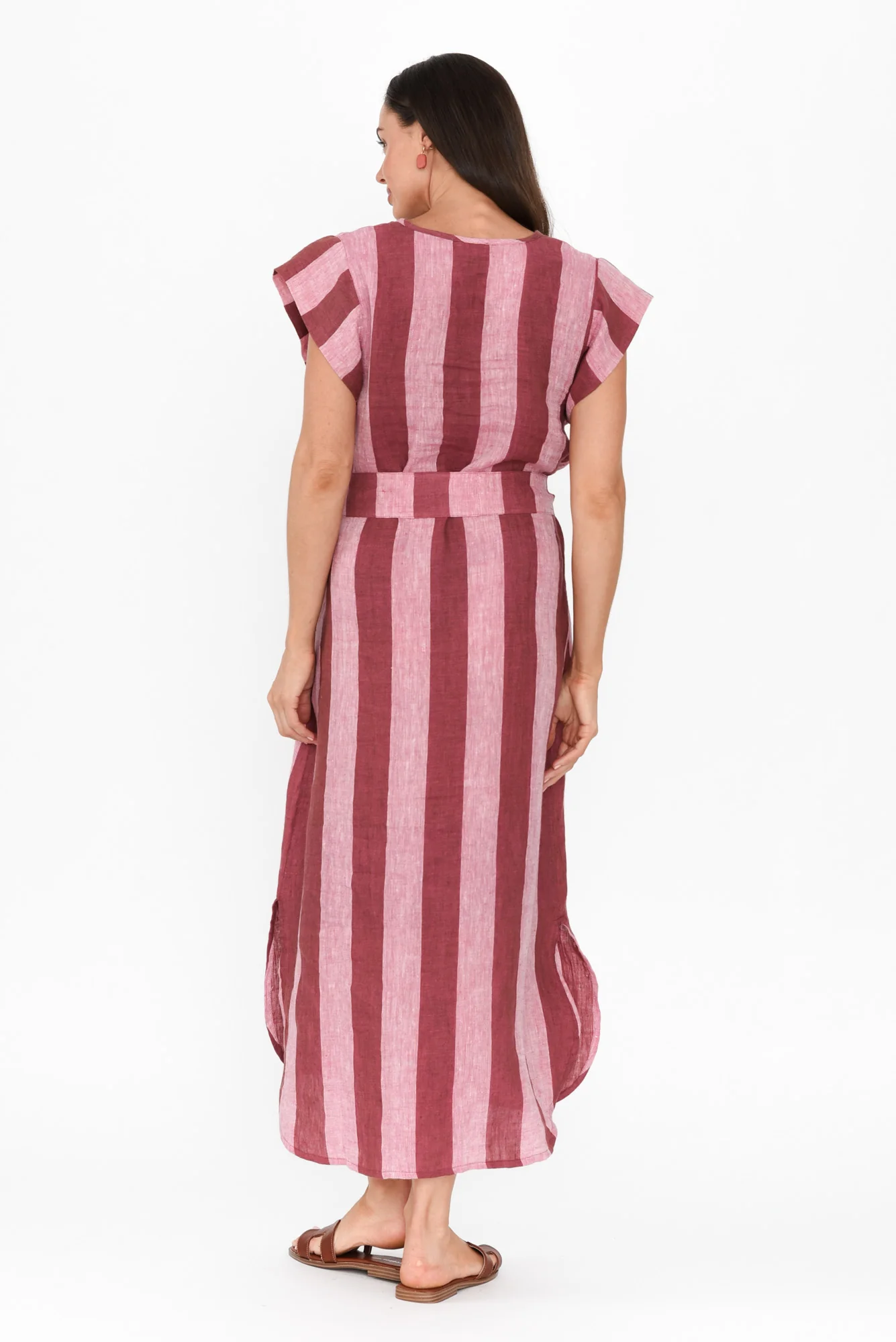Sebou Burgundy Stripe Linen Tie Dress