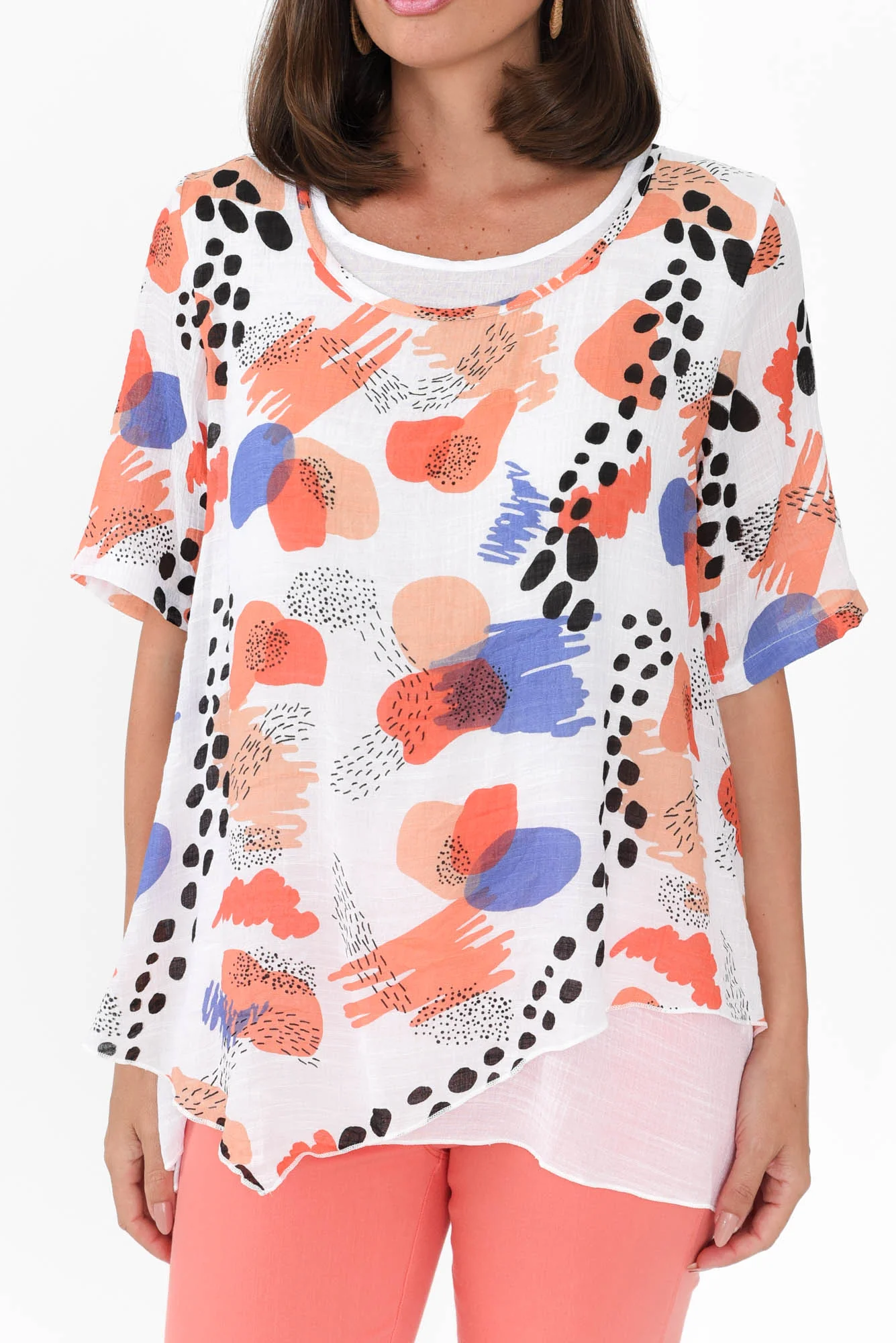 Nias Orange Abstract Cotton Linen Top