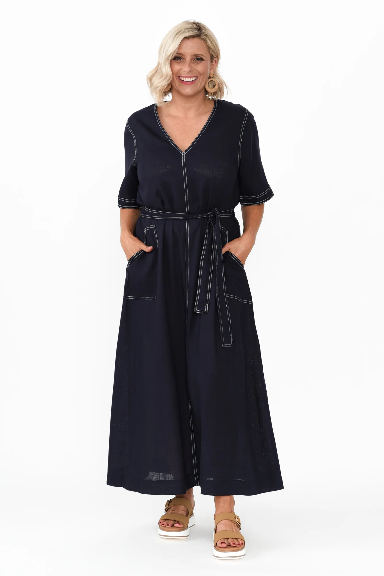 Navarra Navy Contrast Linen Blend Dress