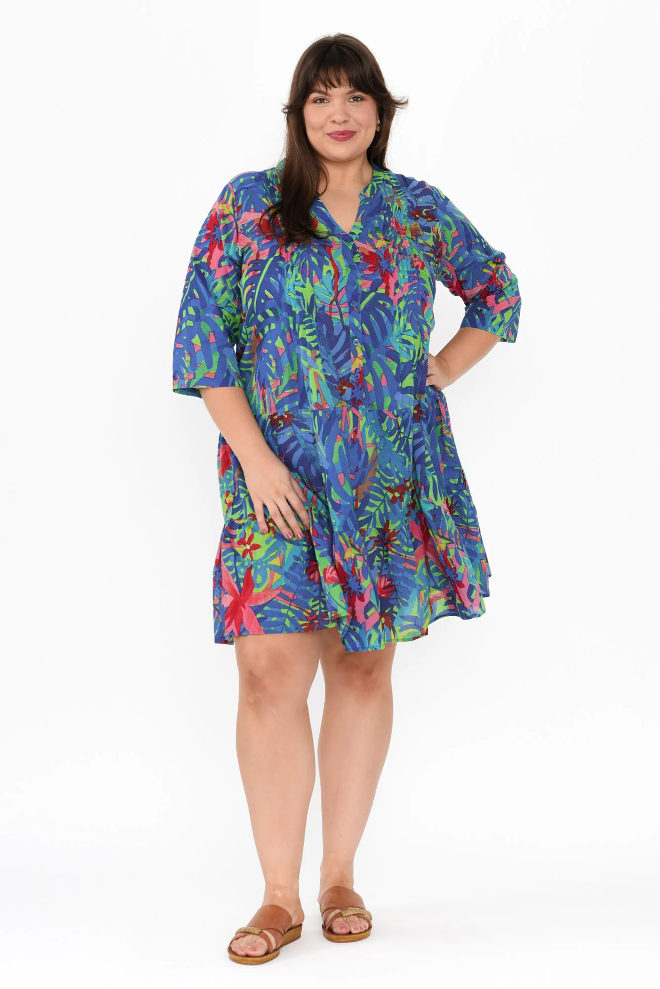 Larissa Blue Leaf Cotton Pleated Dress