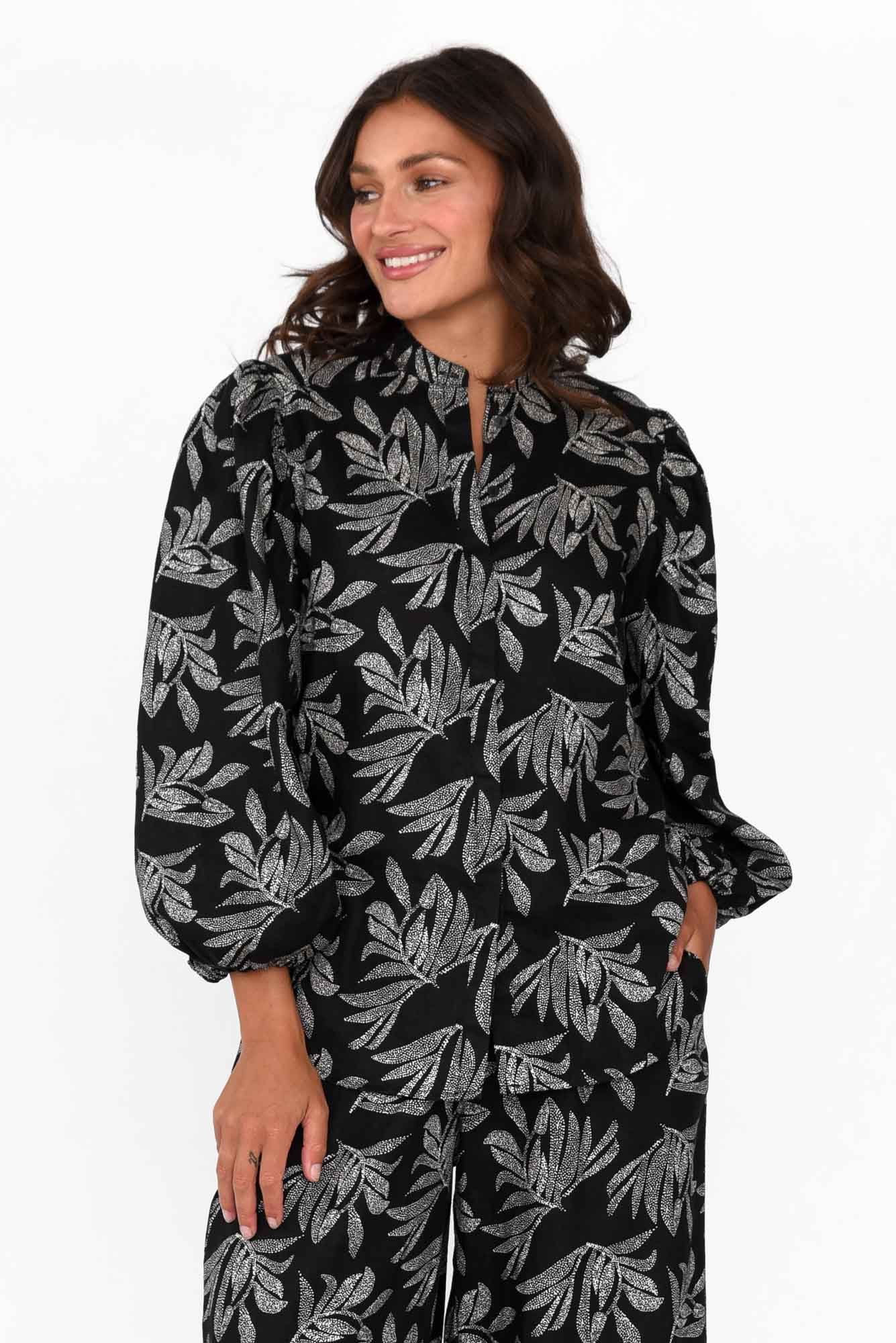 Finch Black Palm Linen Sleeved Blouse