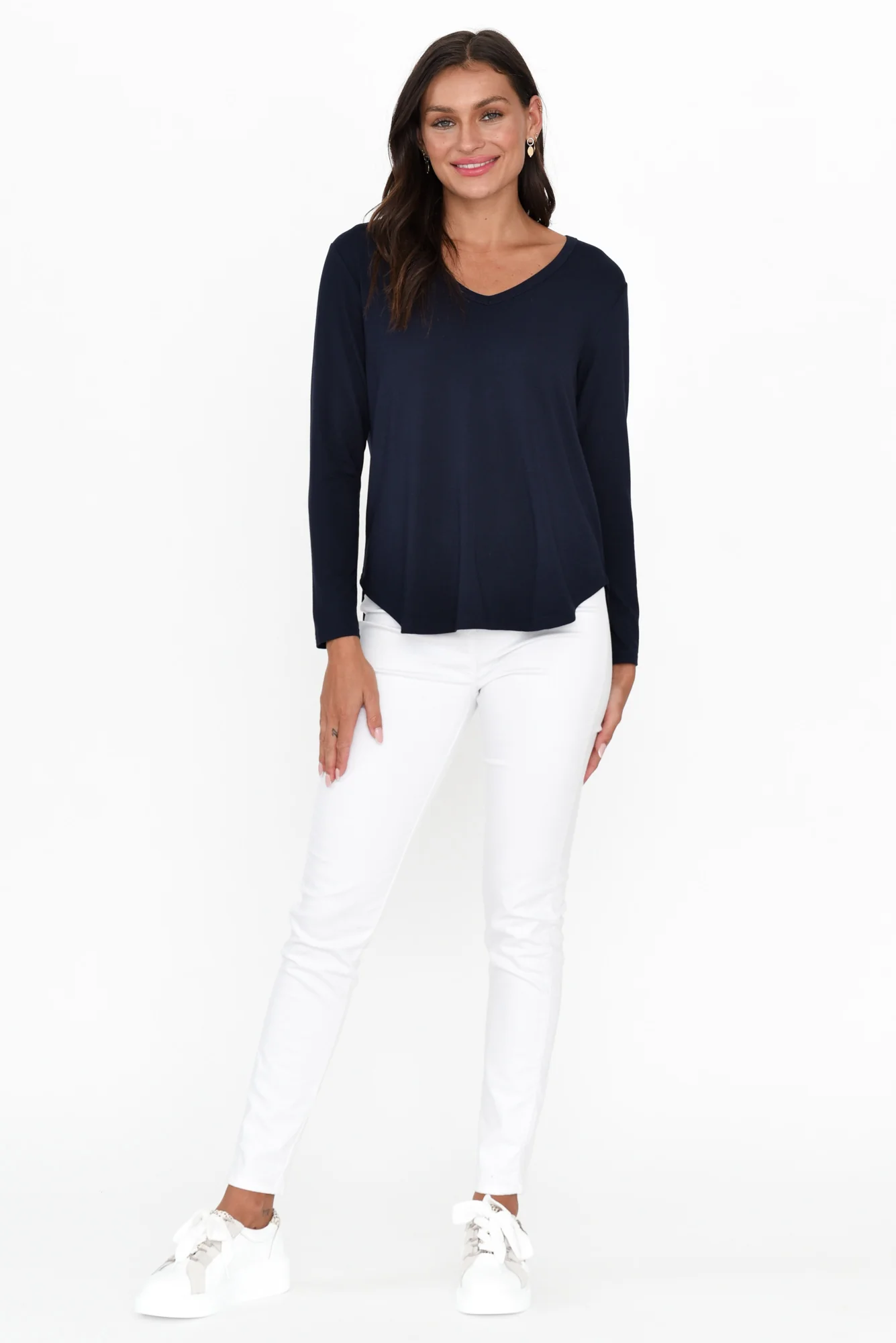 Sia Navy Bamboo V Neck Top