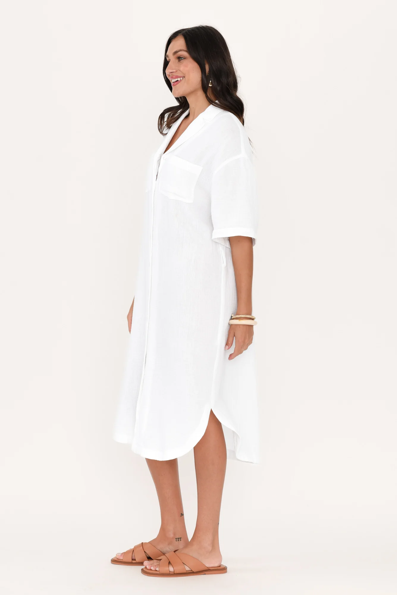 Tahiti White Cotton Cheesecloth Tie Dress