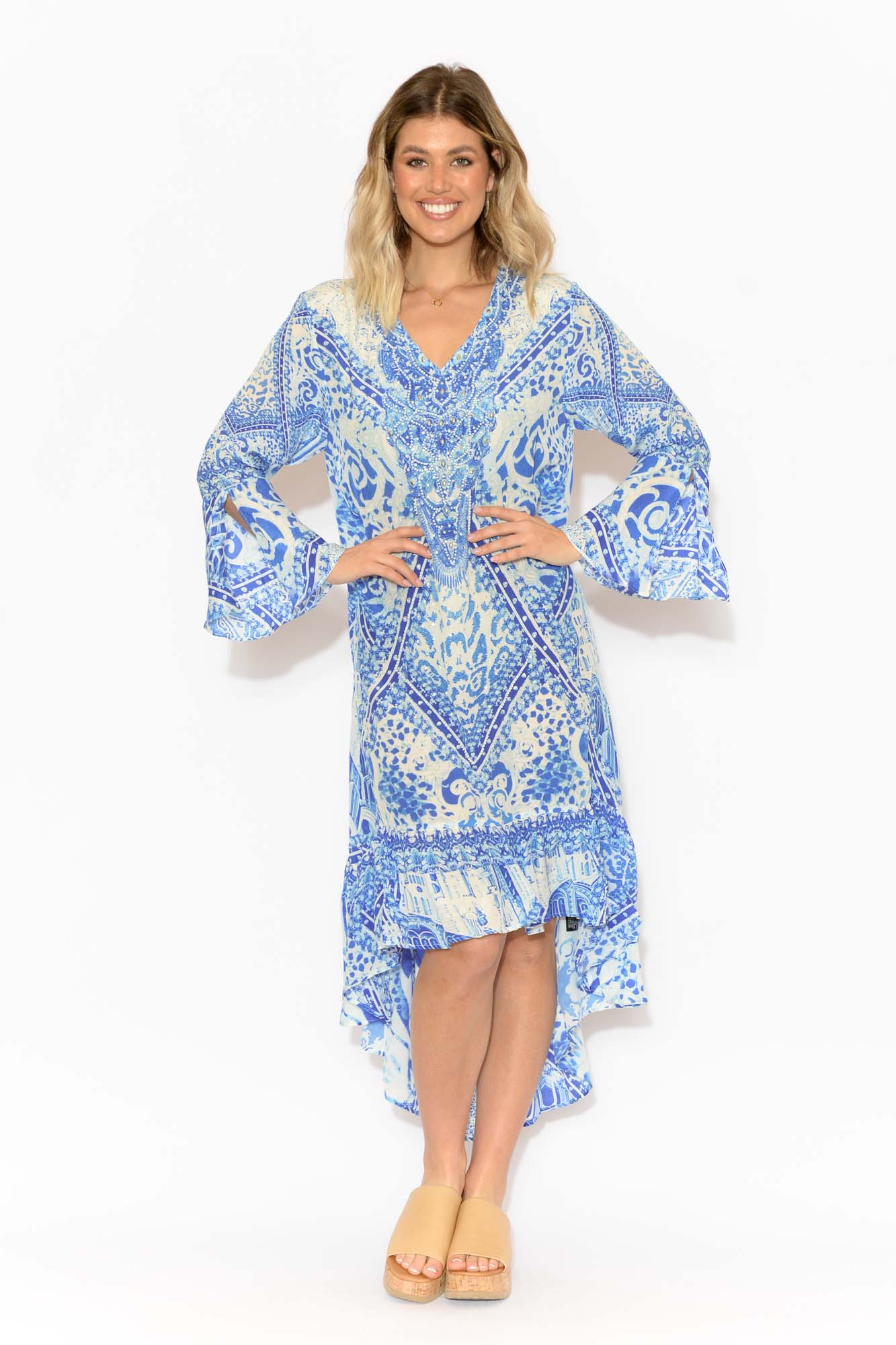 Verona Blue Silk Frill Dress