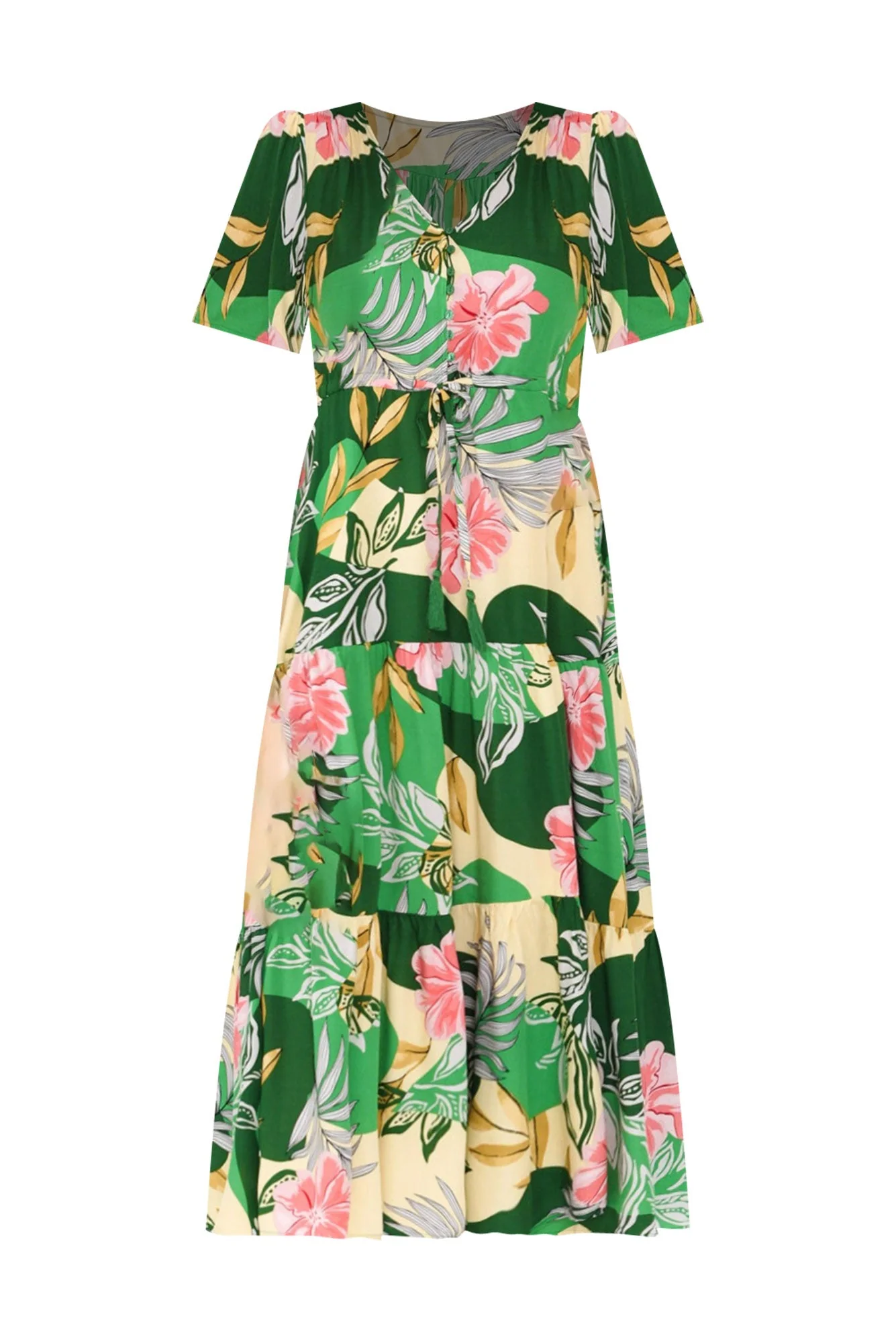 Solene Green Tropical Tier Dress