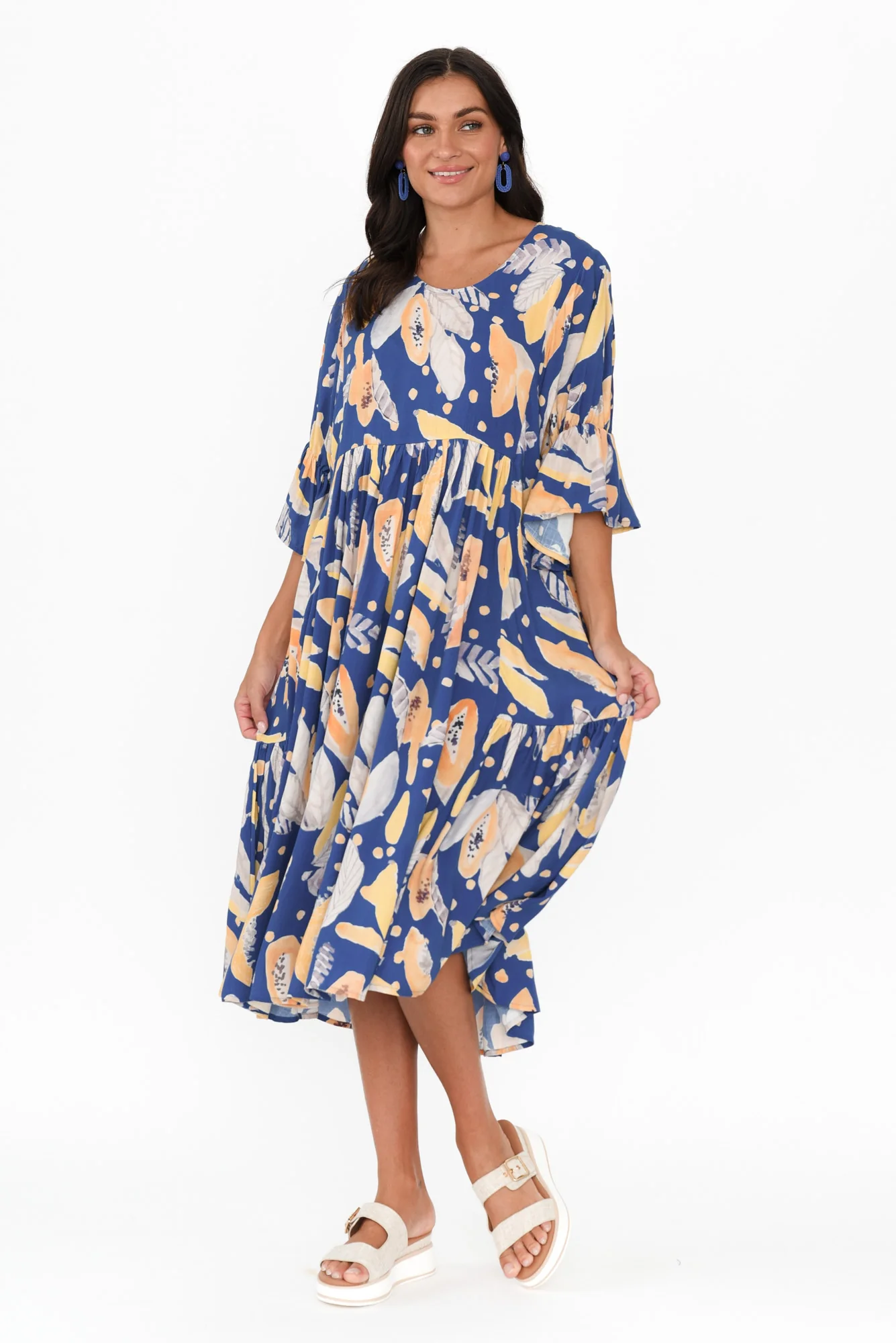 Ivana Blue Fruity Frill Sleeve Dress