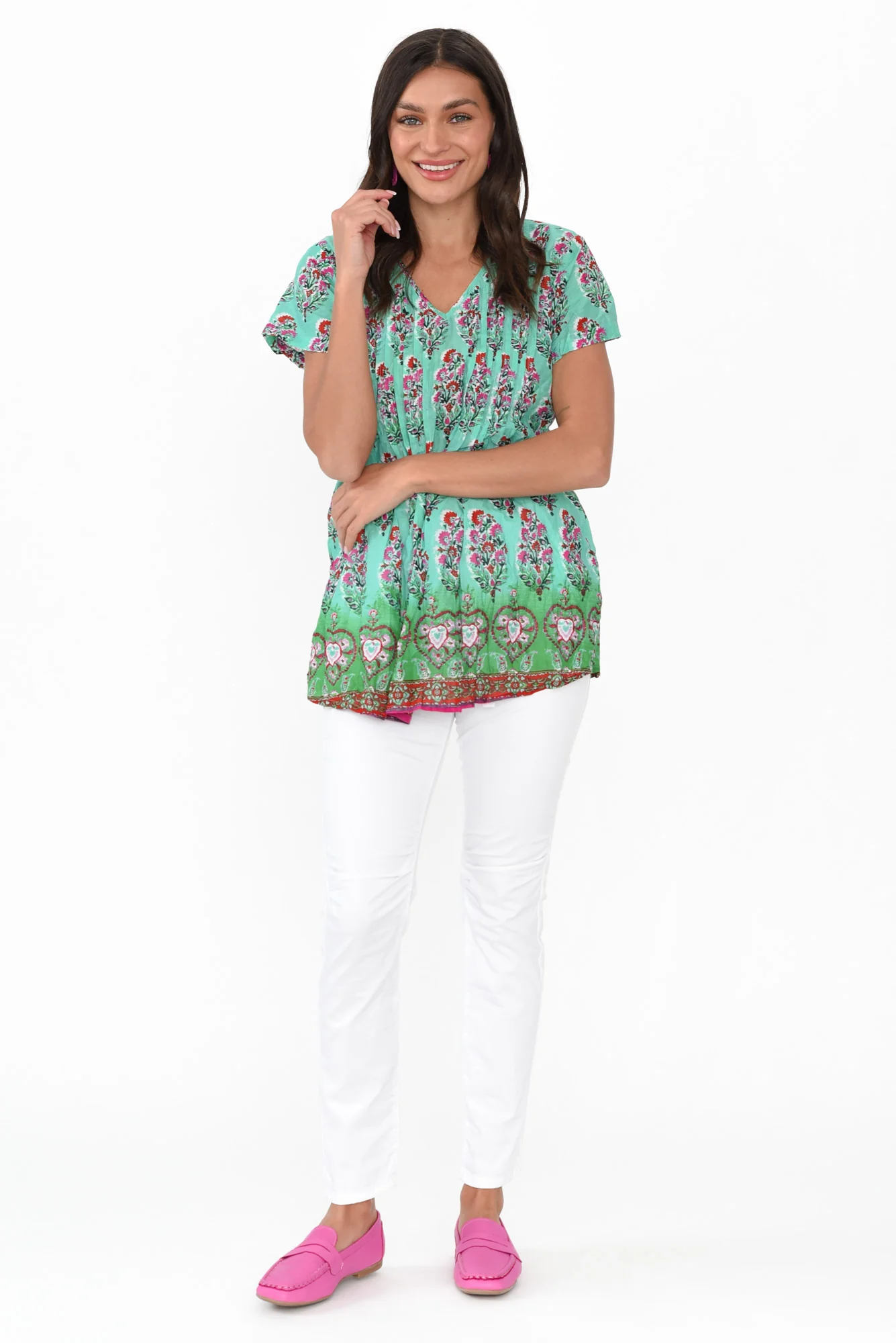 Fia Aqua Botanical Crinkle Cotton Top