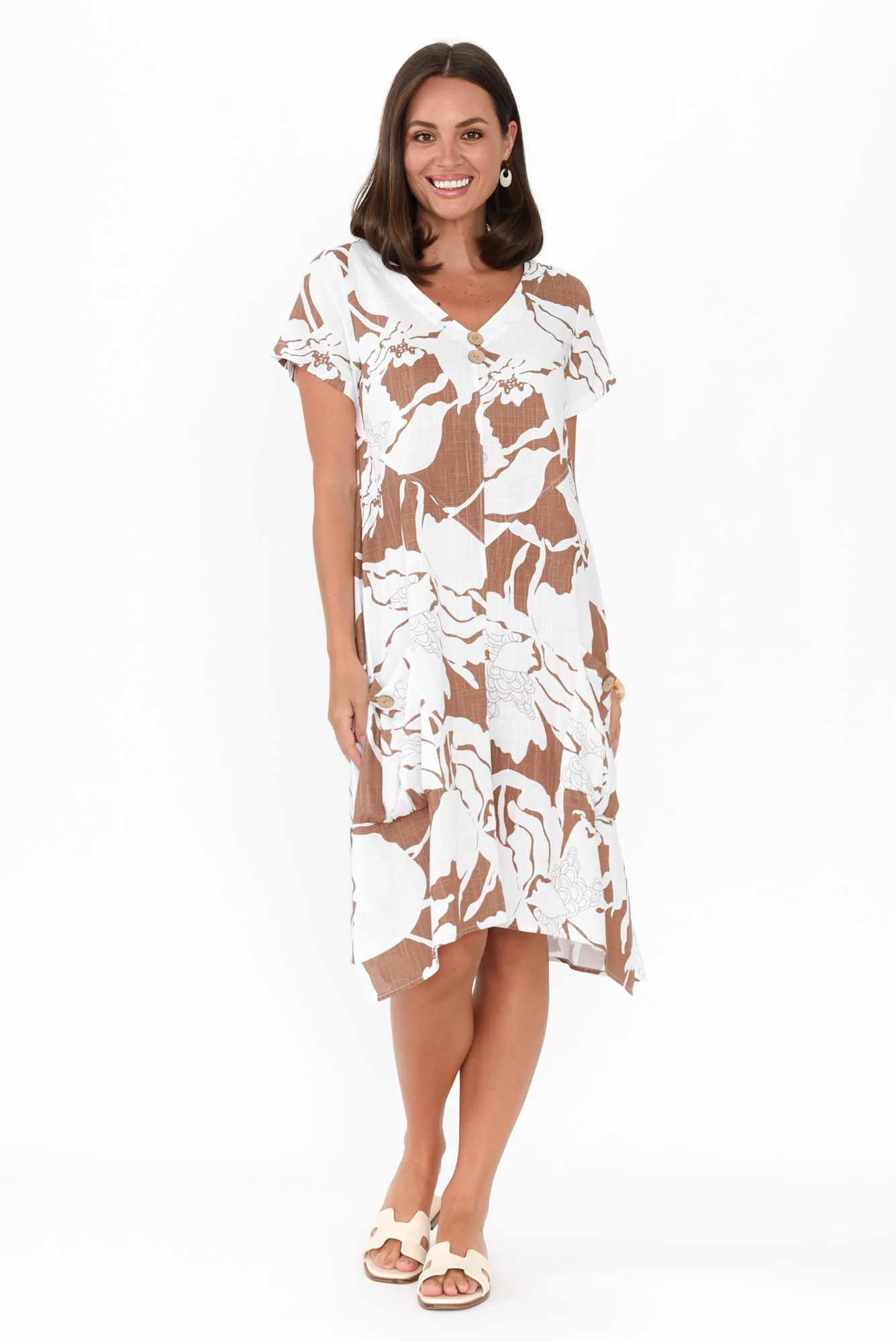 Bryant Brown Floral Linen Cotton Dress