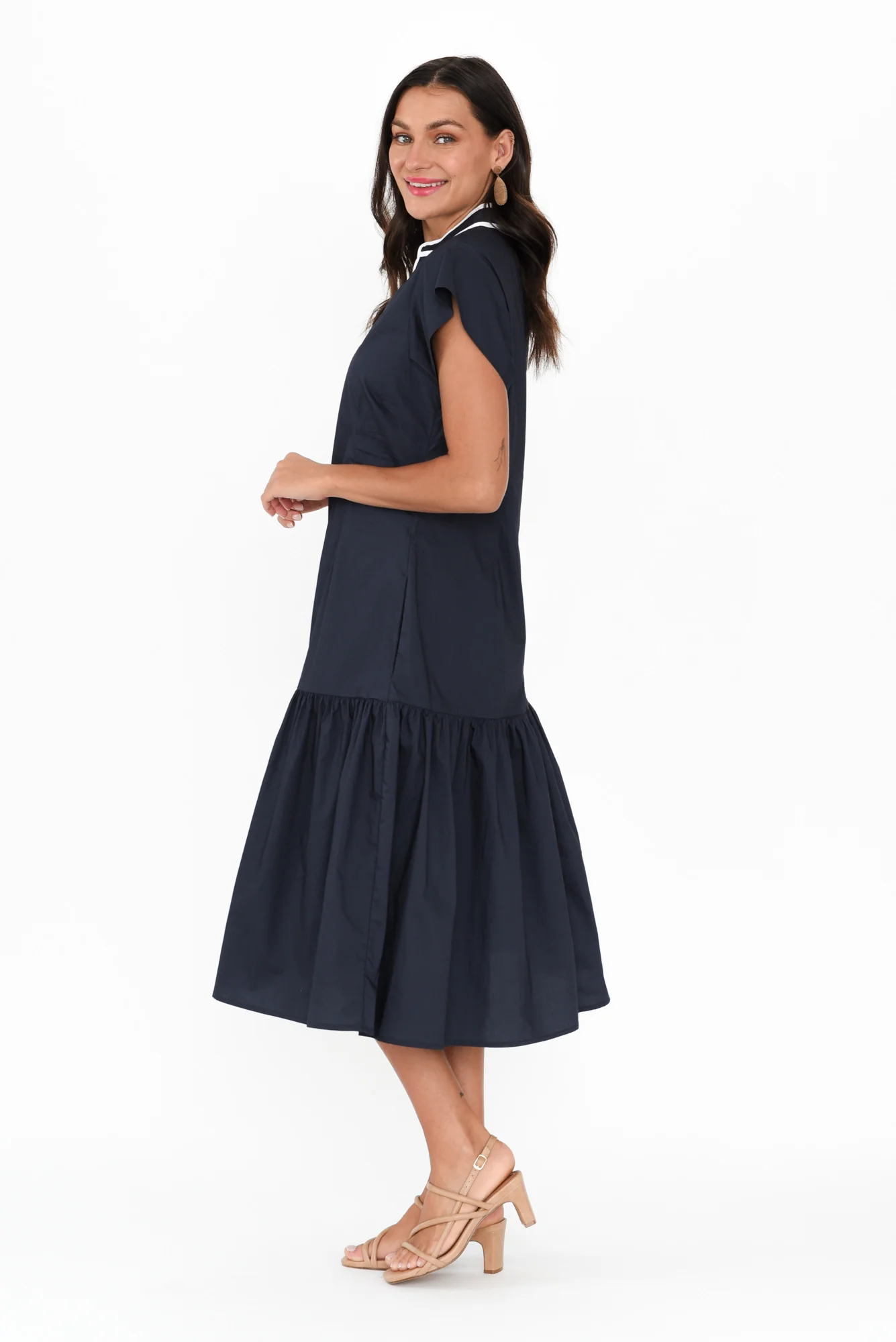Mari Navy Contrast Cotton Tie Dress