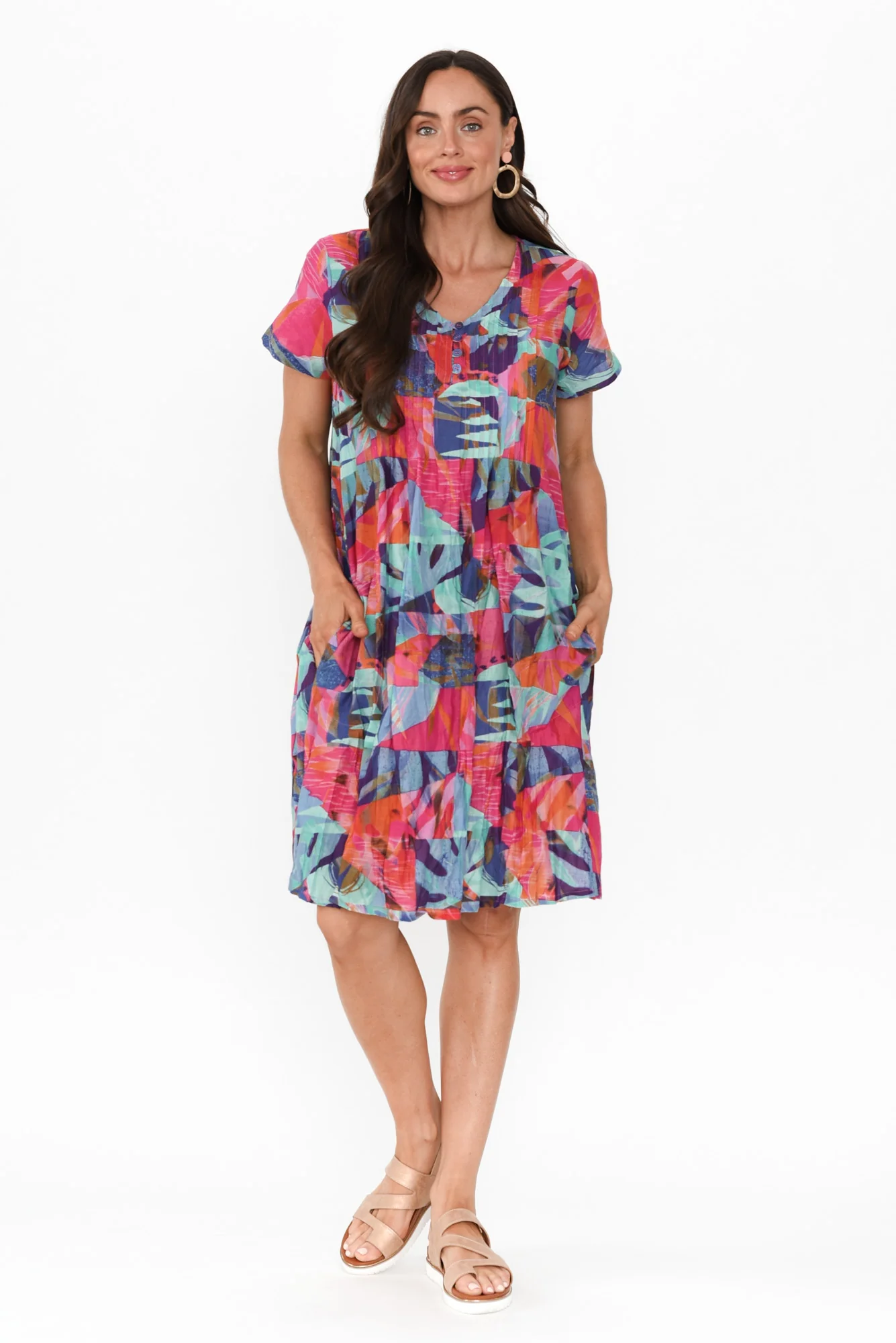 Sabina Fuchsia Geo Crinkle Cotton Dress