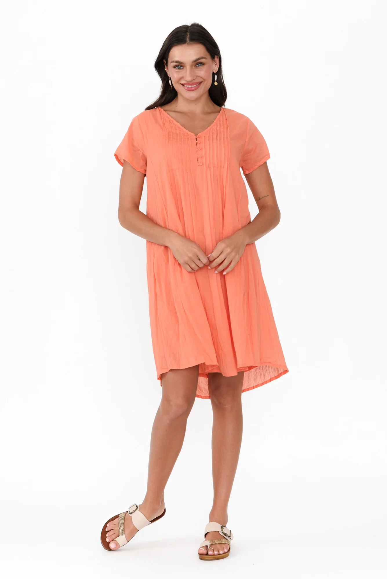 Sabina Peach Crinkle Cotton Dress