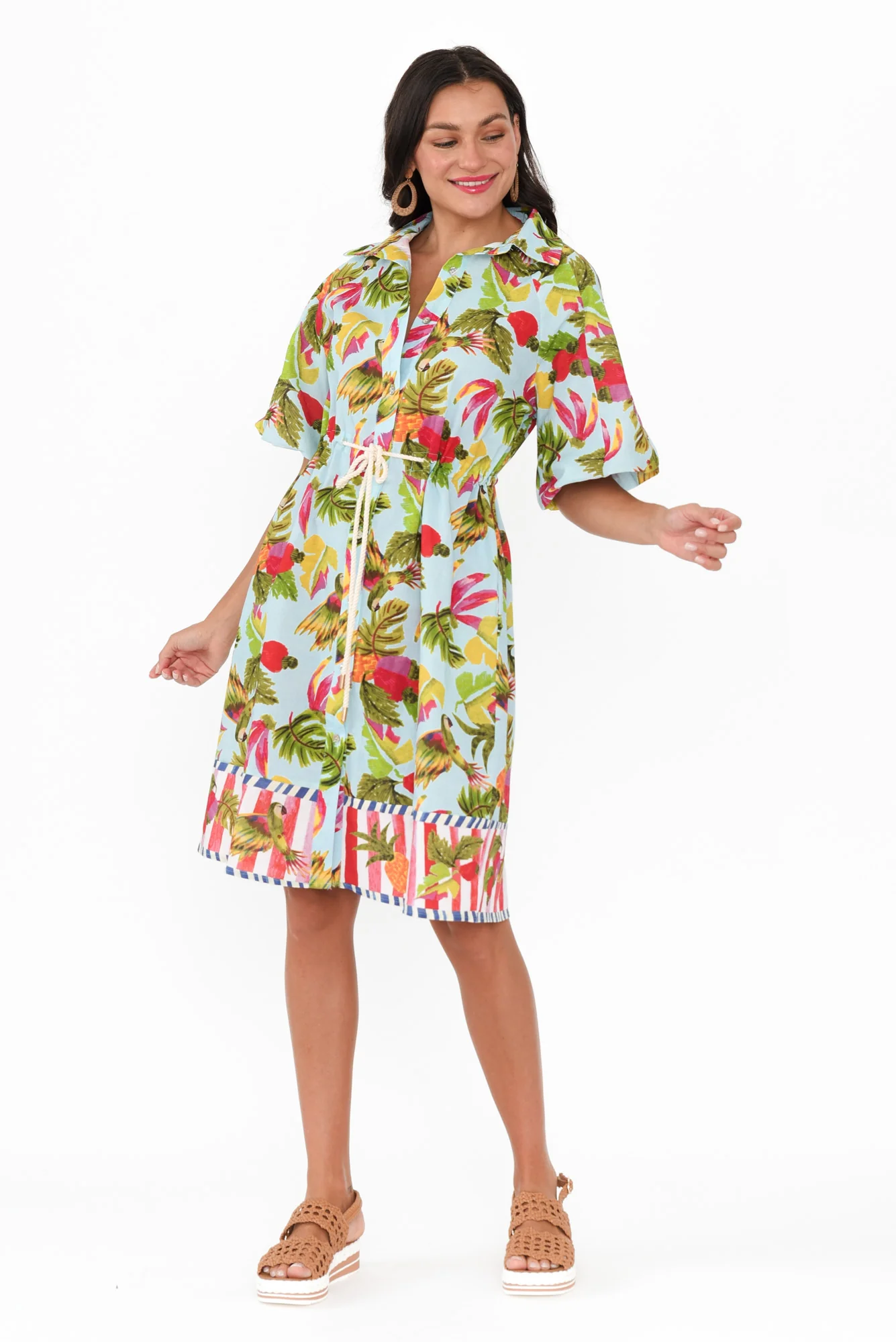 Kumo Blue Tropical Linen Cotton Dress