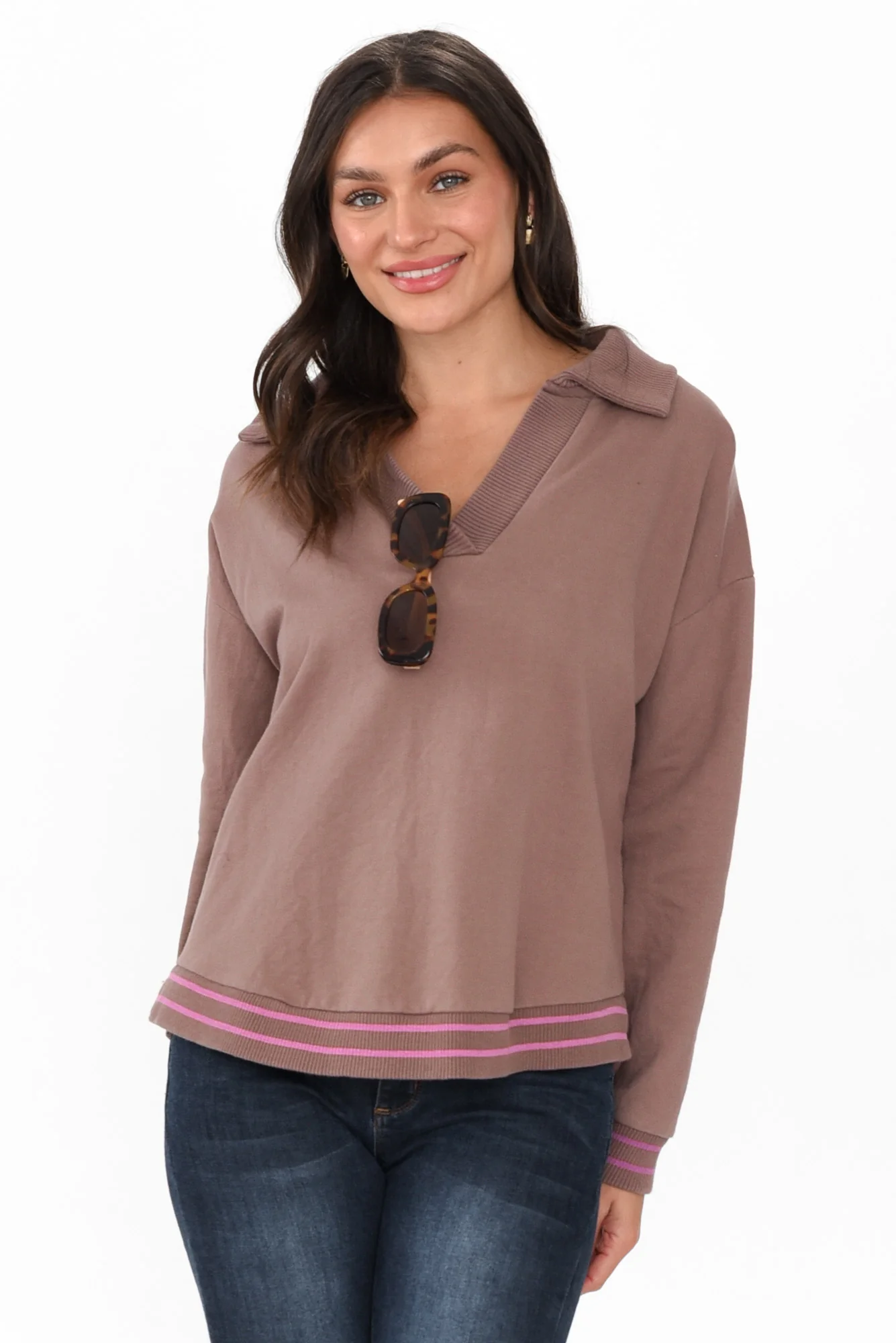 Katra Brown Trim Cotton Blend Top