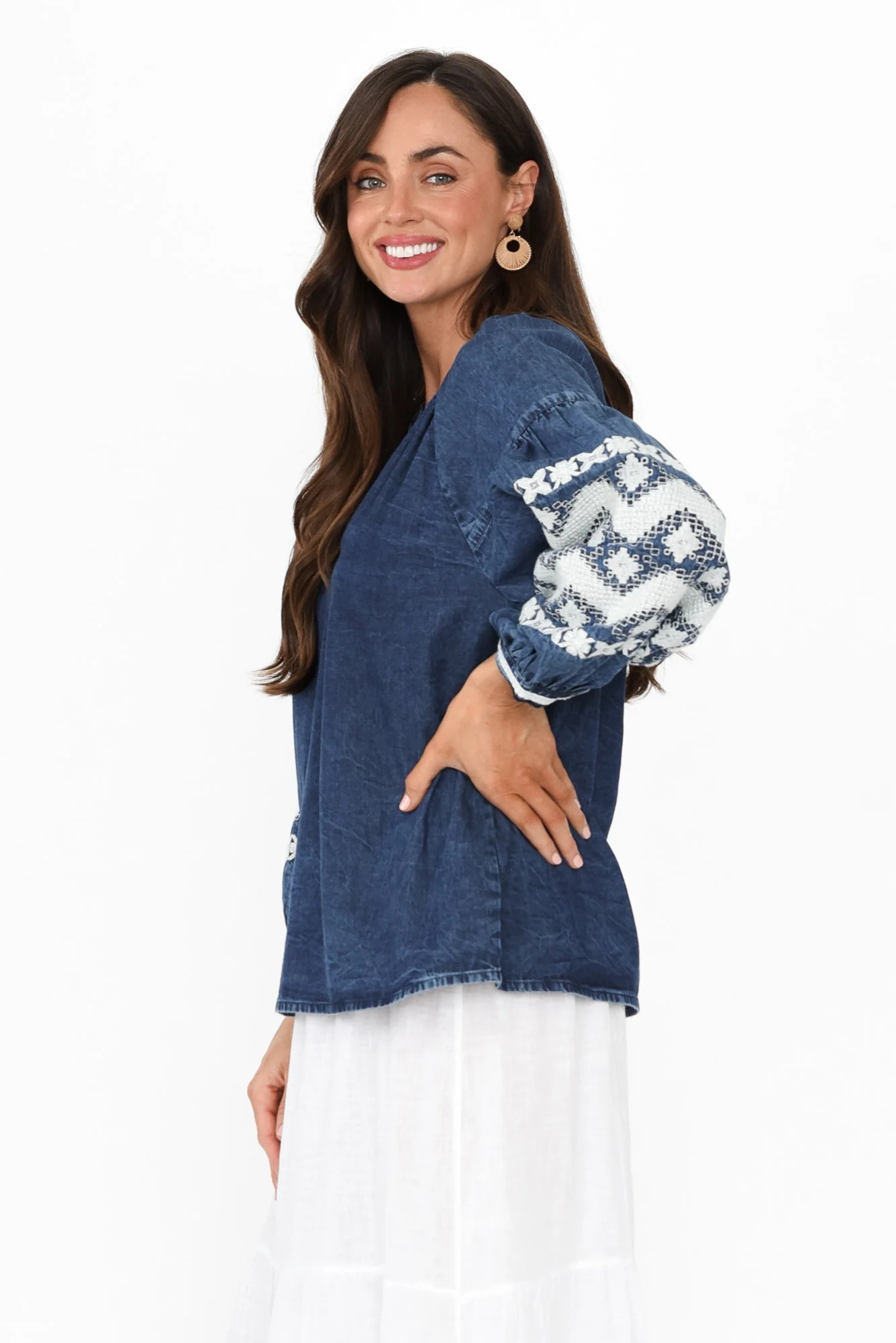 Elkana Blue Denim Embroidered Top