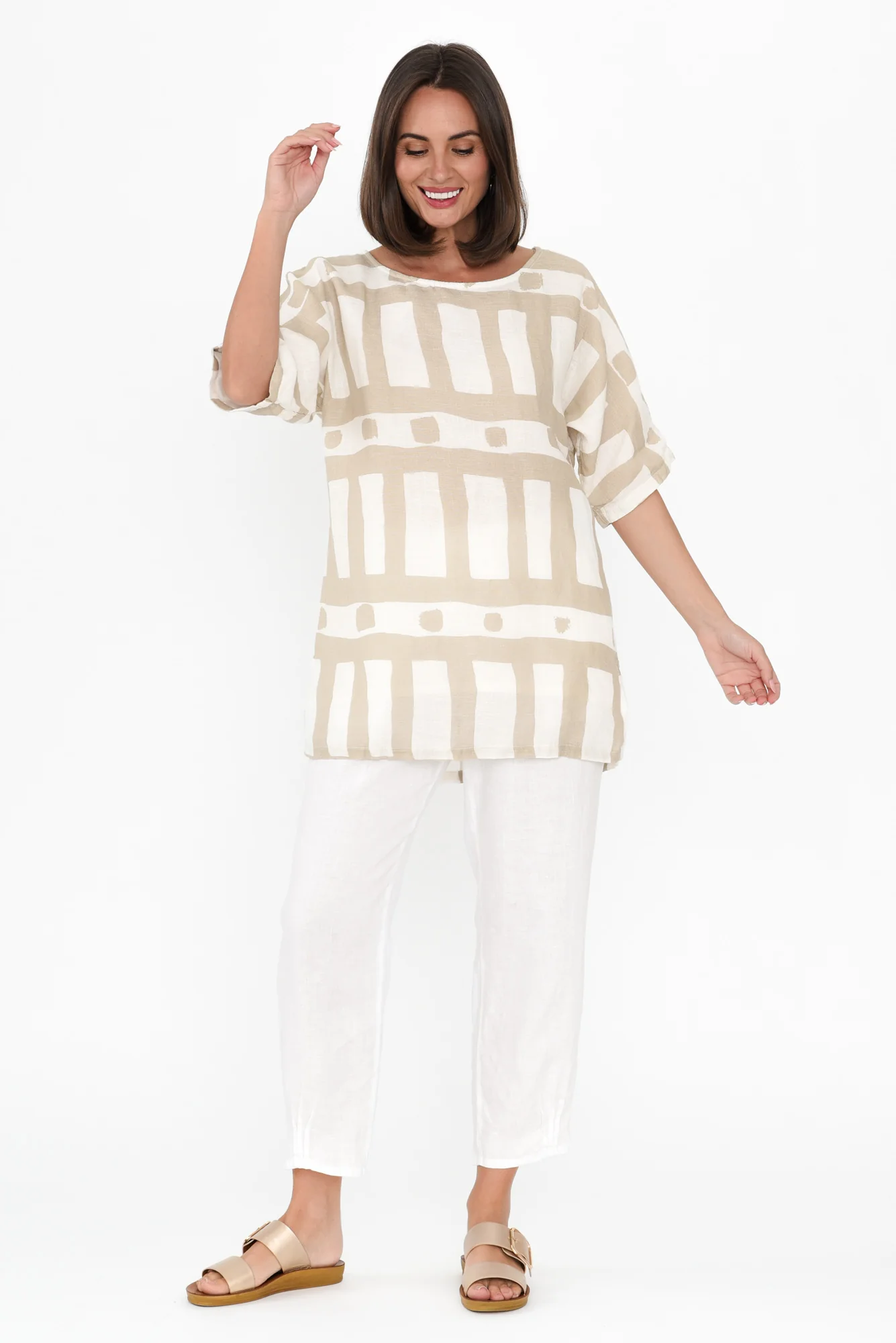 Atara Beige Geo Linen Top