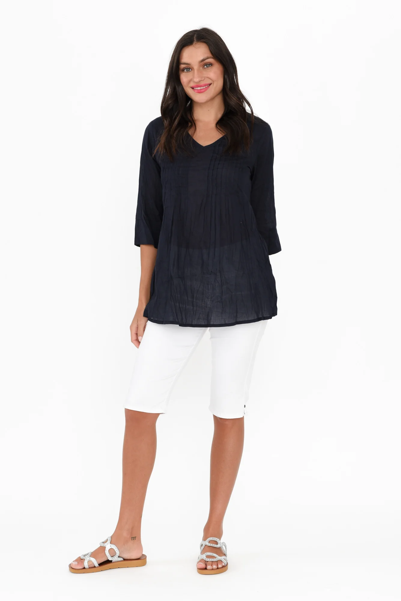 Fia Navy Sleeved Crinkle Cotton Top