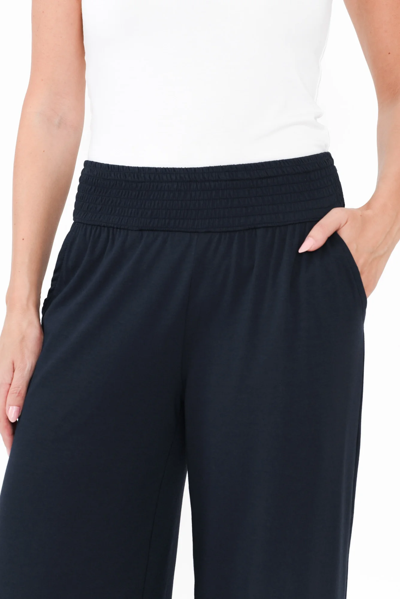 Angelica Navy Cotton Shirred Pants