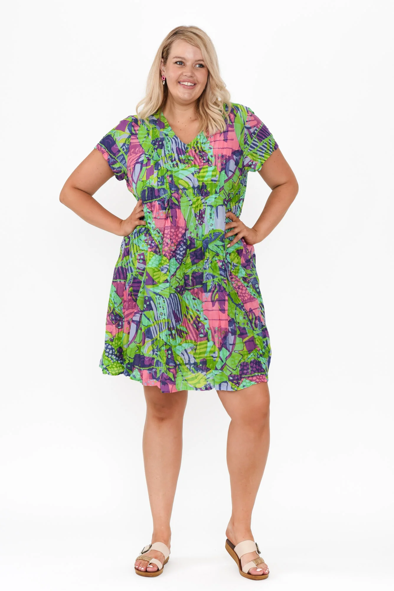 Sabina Turquoise Leaf Crinkle Cotton Dress