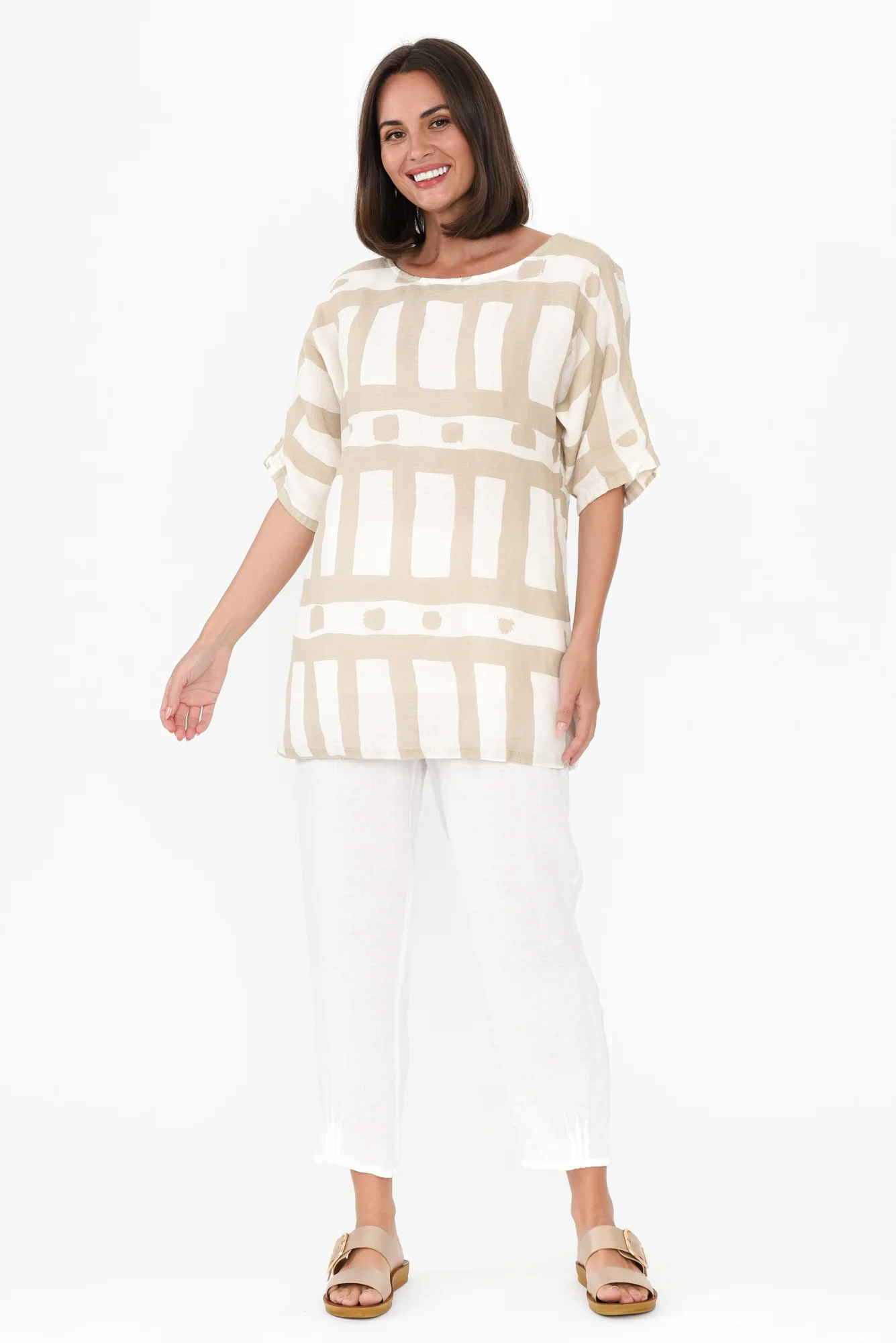 Atara Beige Geo Linen Top