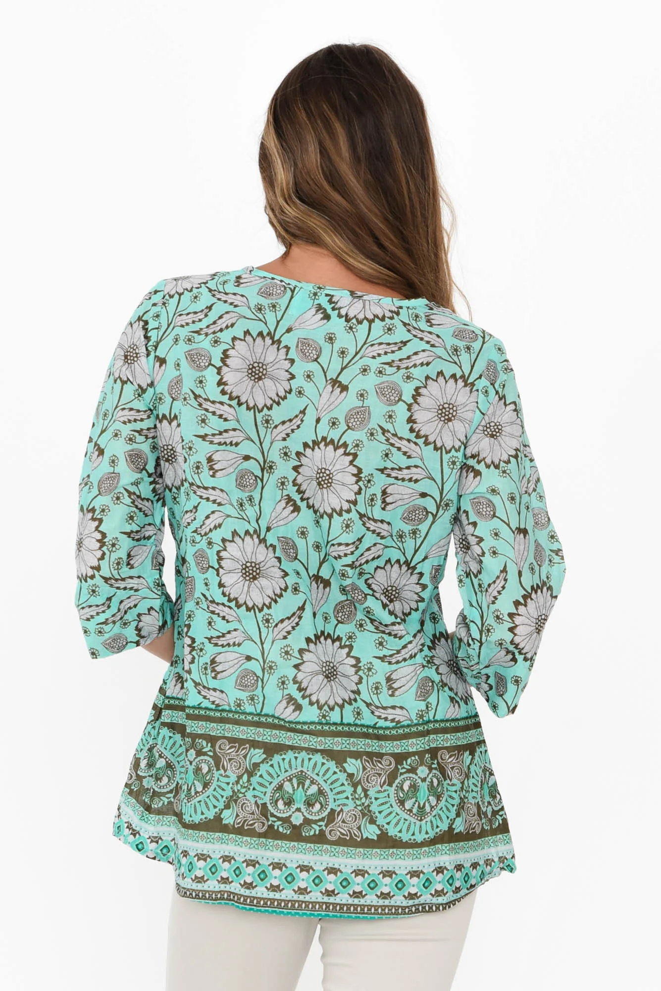 Fia Aqua Floral Sleeved Crinkle Cotton Top