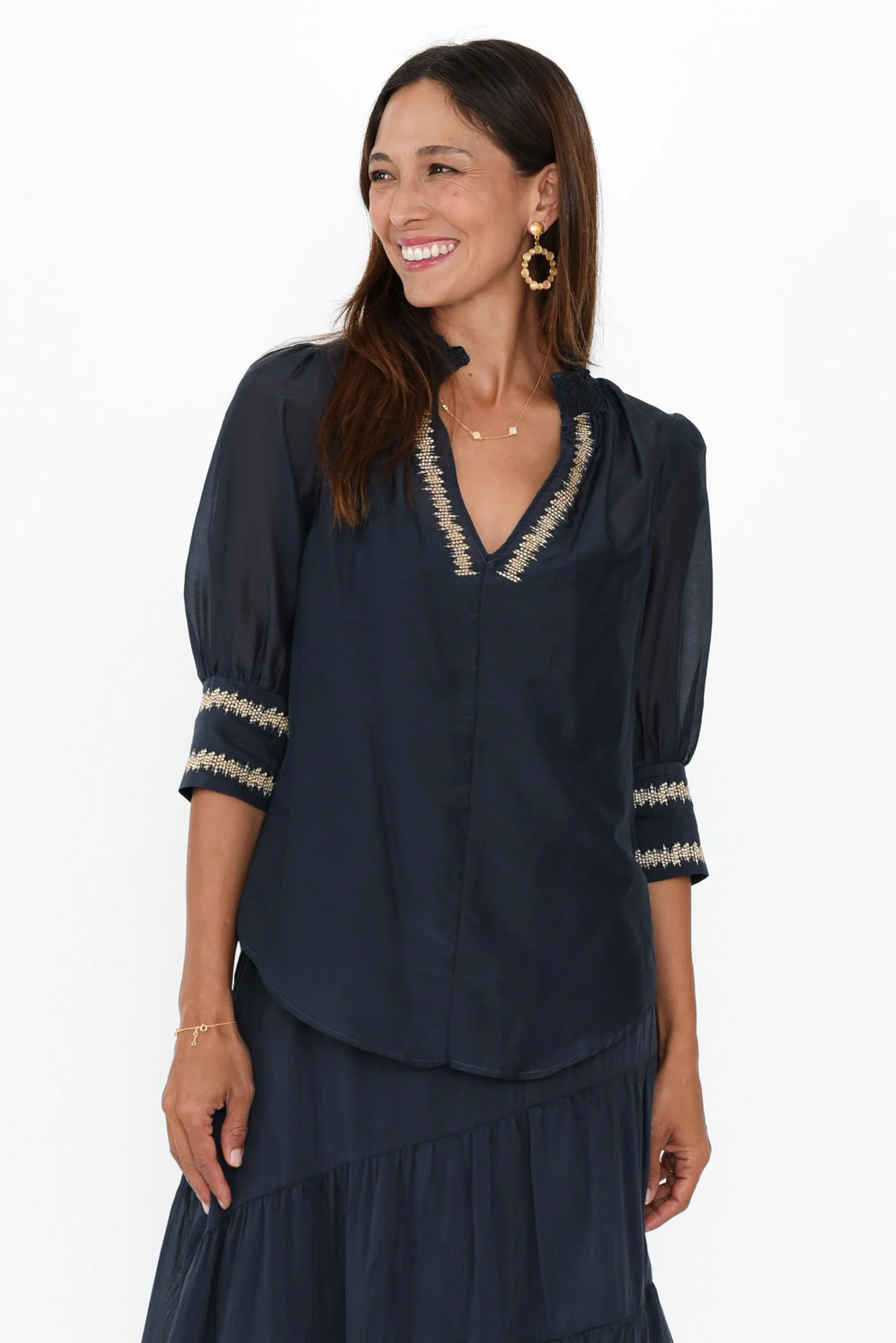 Mustique Ink Cotton Silk Embroidered Top