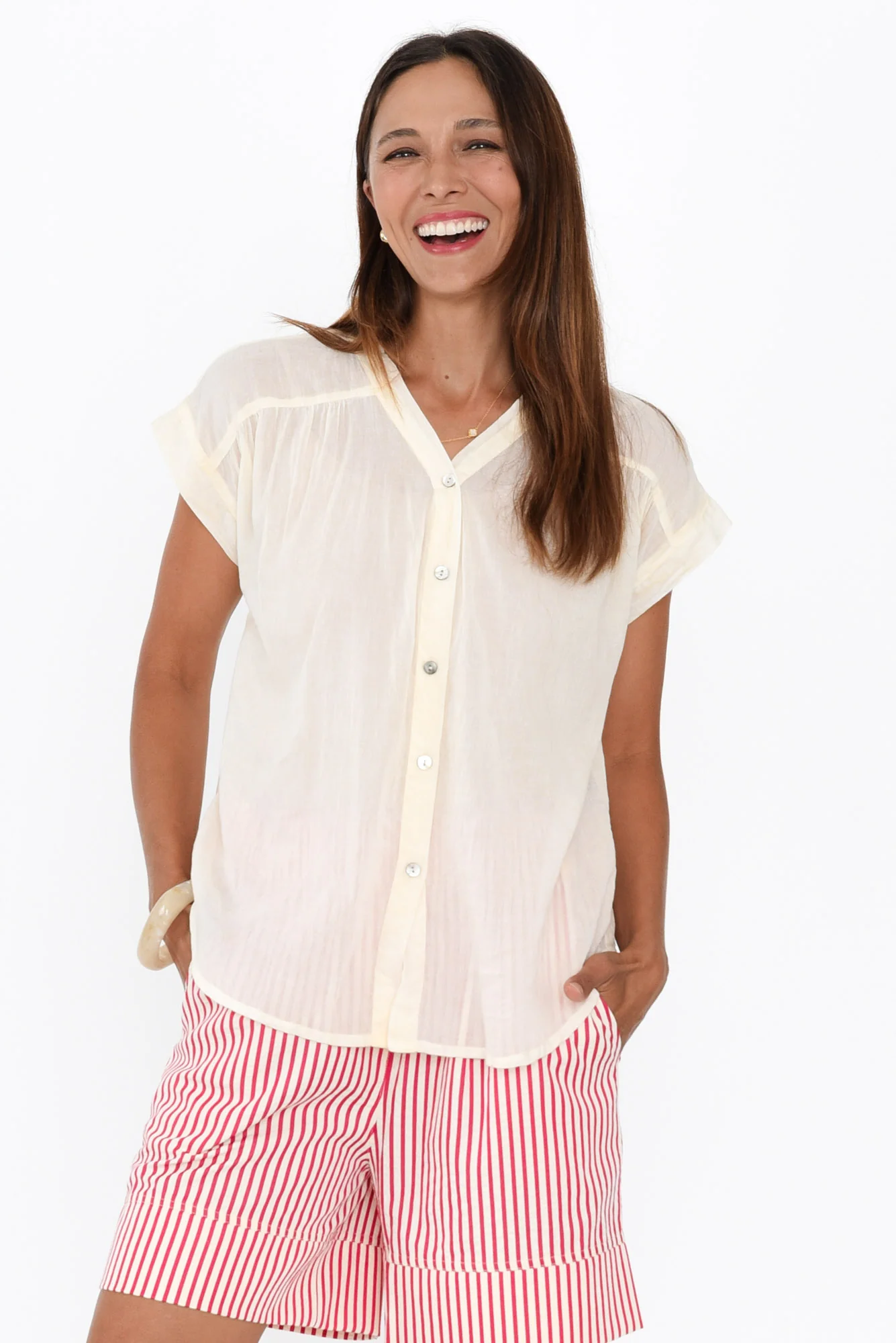 Nevada White Cotton Button Top