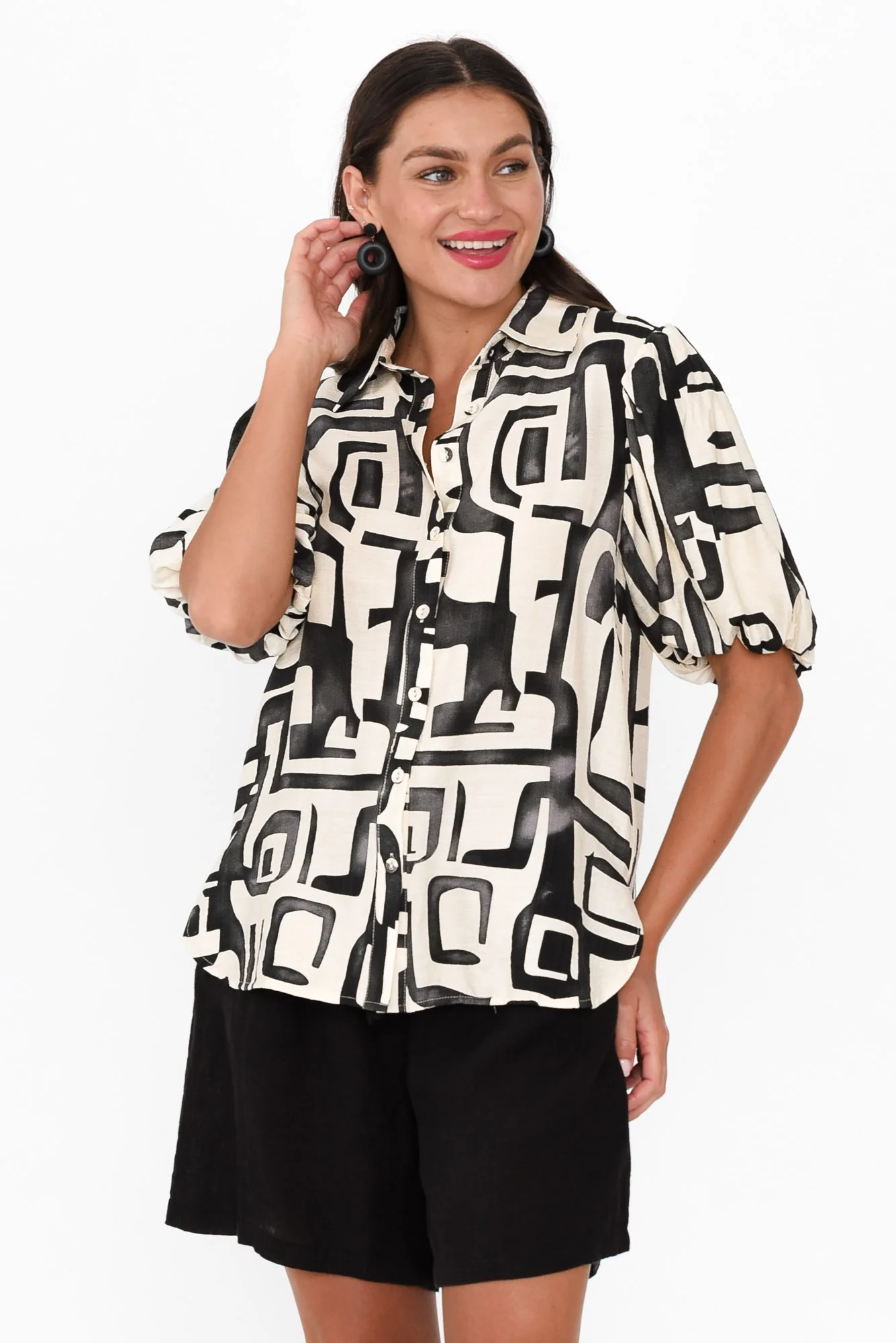 Eileen Black Abstract Collared Shirt