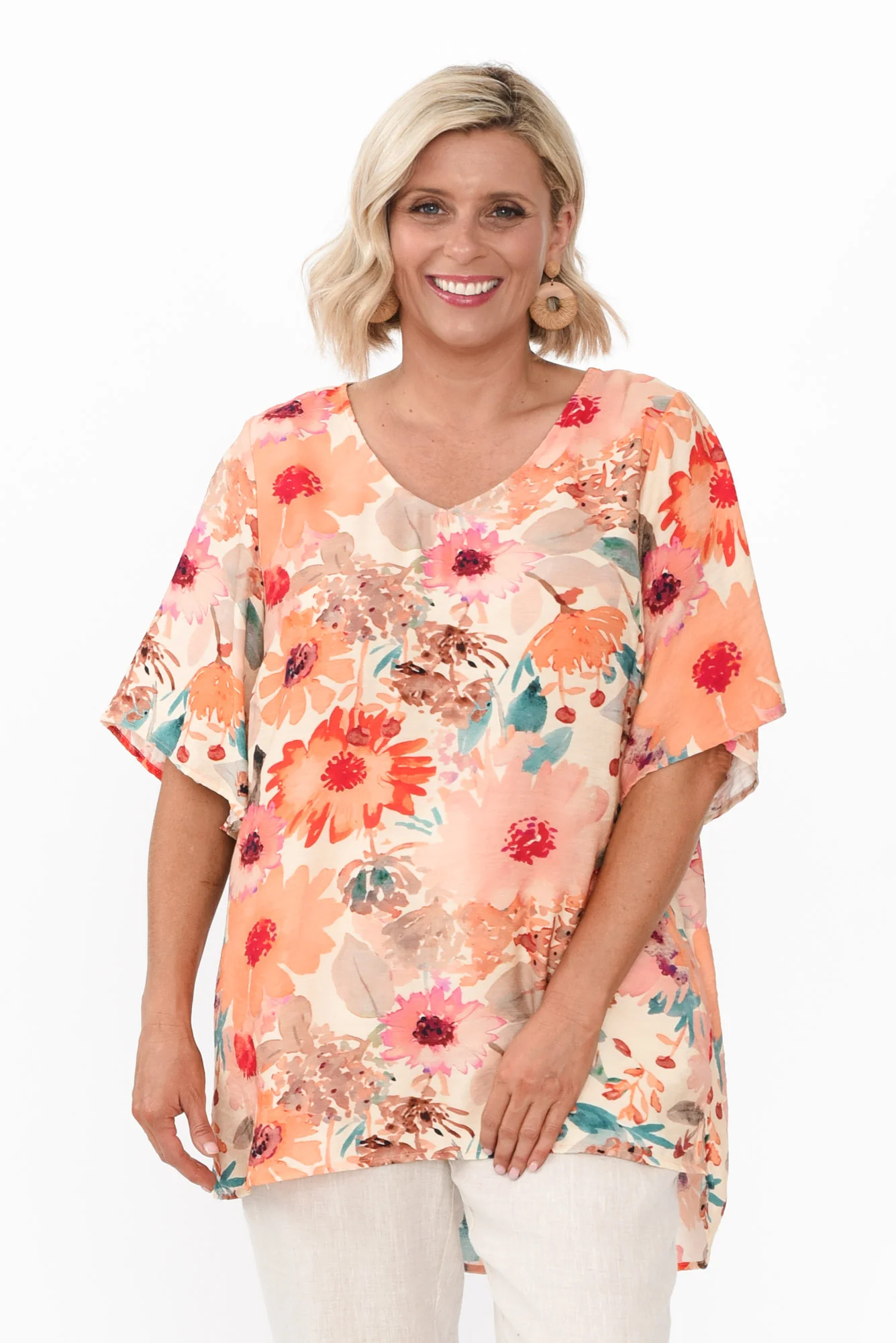 Marian Orange Floral Linen Blend Top