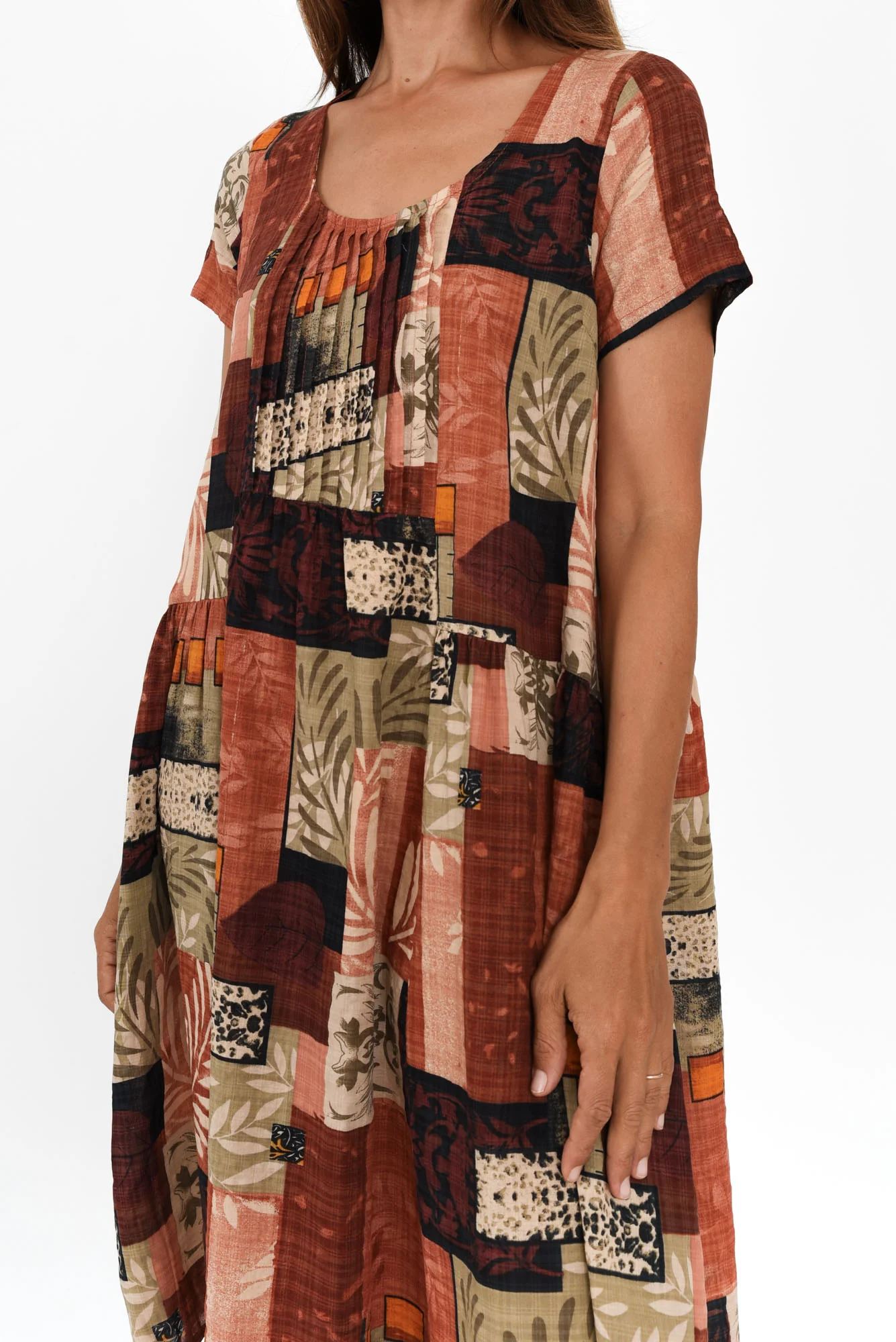 Hanoi Brown Patchwork Cotton Blend Dress