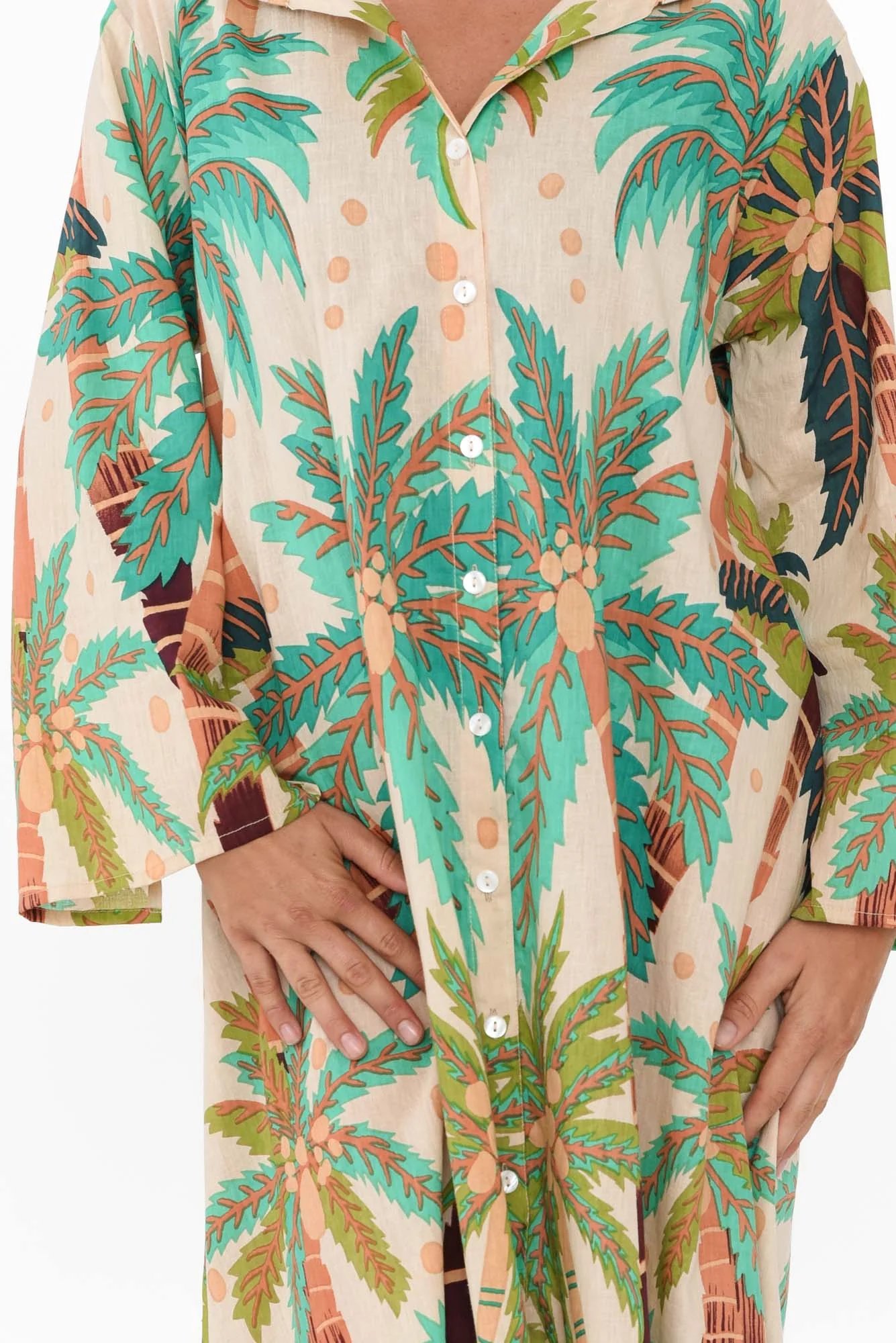 Stav Green Tropical Cotton Button Kaftan