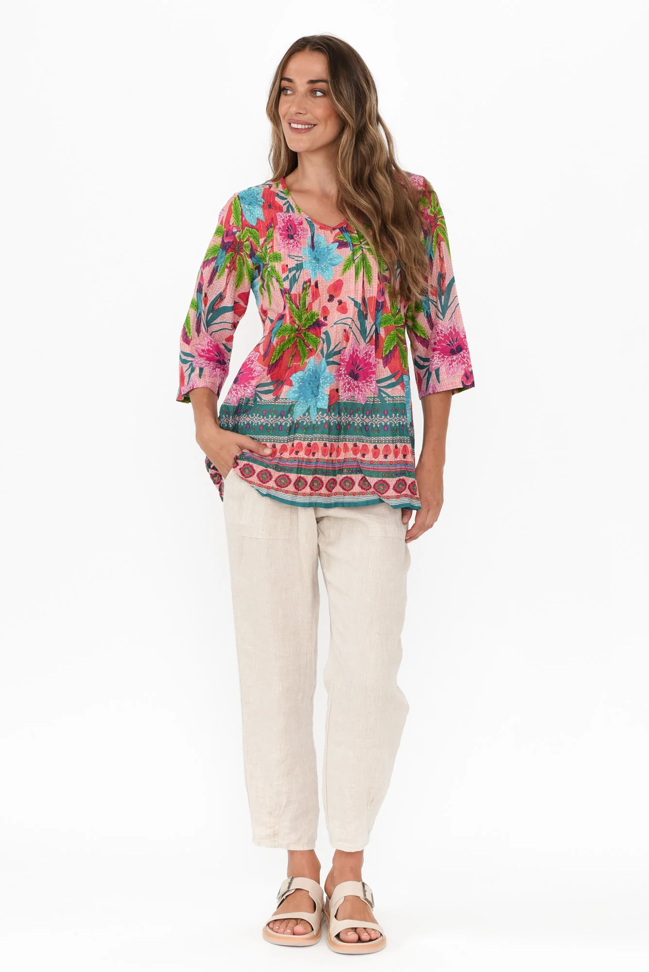 Fia Pink Palm Sleeved Crinkle Cotton Top