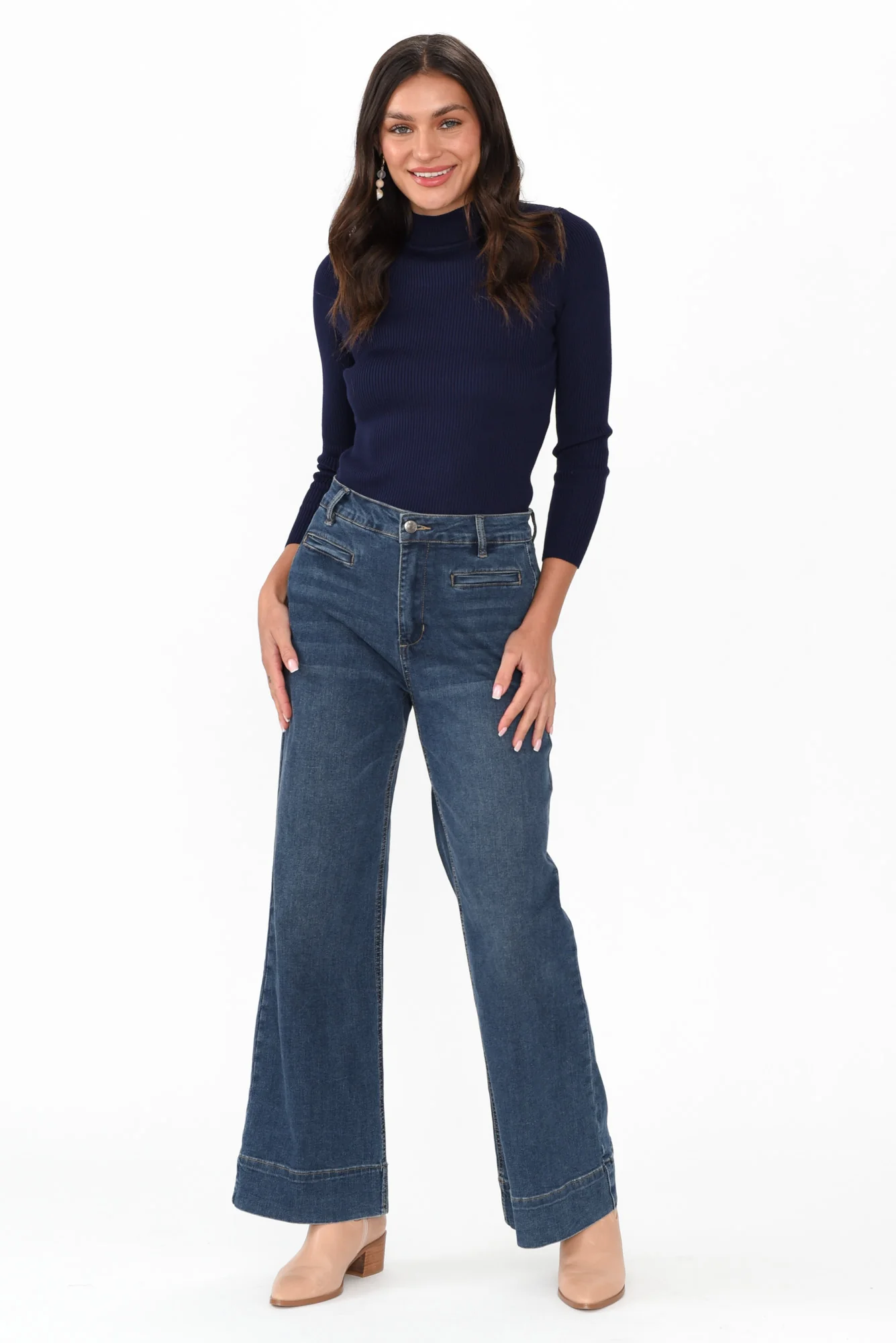 Laurina Navy Cotton Blend Ribbed Top